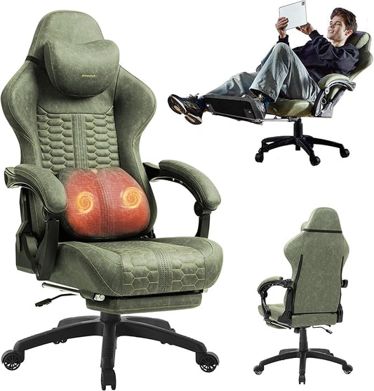 Dowinx Gaming Chair for Adults with Dual-Point Massage, Ergonomic Racing Style Game Chair Footrest, High Back Computer Chair 360° Swivel for Office,400LBS, Green