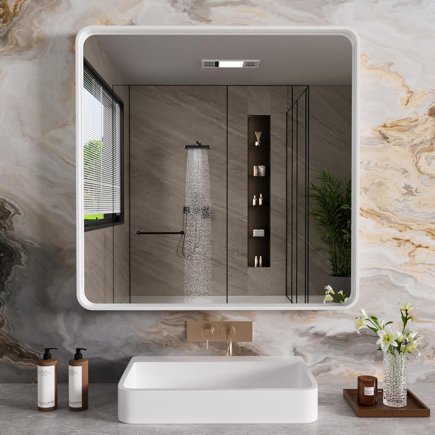 White Bathroom Mirror 36x36 Inch, White Metal Framed Bathroom Mirror for Wall, Rounded Rectangle Matte Bathroom Vanity Mirror, Tempered Glass, Anti-Rust, Horizontal/Vertical