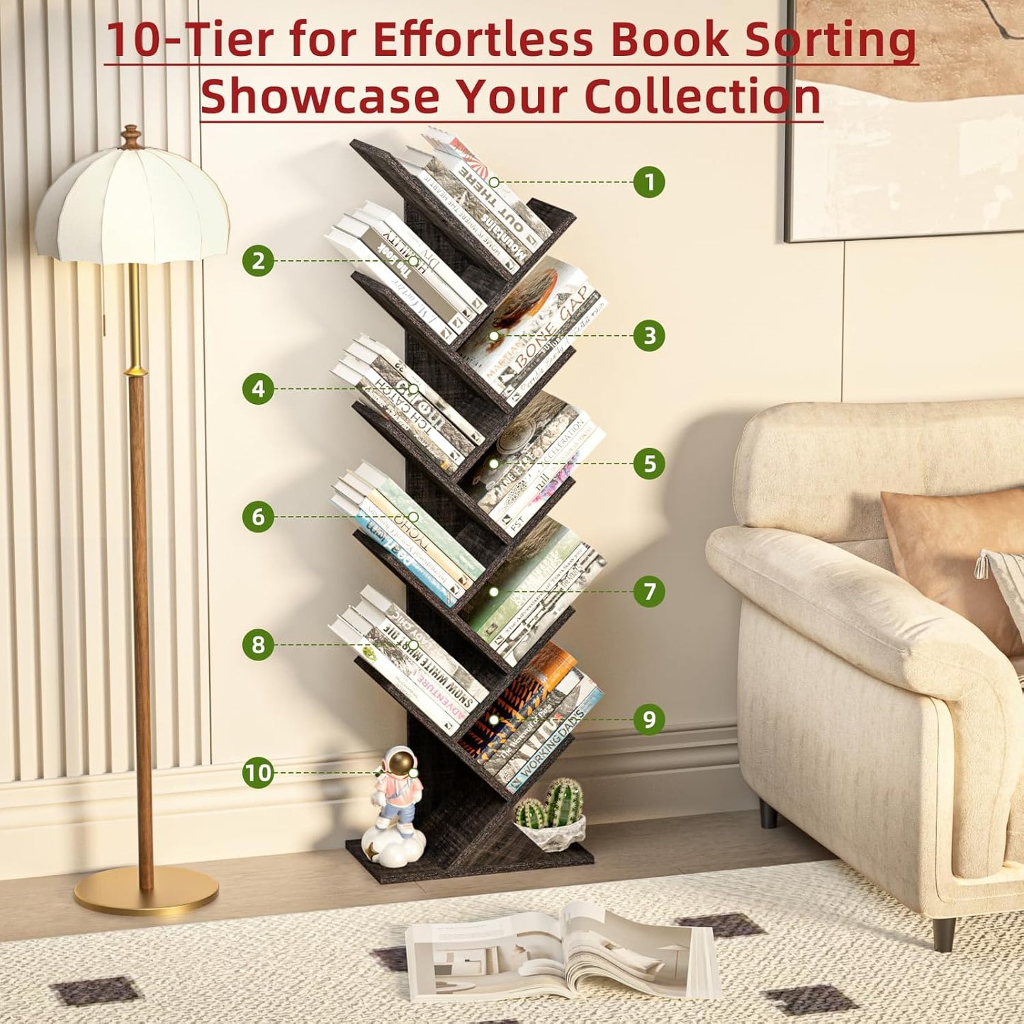 10 Tier Tree Book Shelf, Floor Standing Wood Bookshelf for Narrow Space, Storage Organizer Bookshelves for Books/CDs/Magazine, Bookcase with Shelves for Home Office, Living Room - Dark Grey