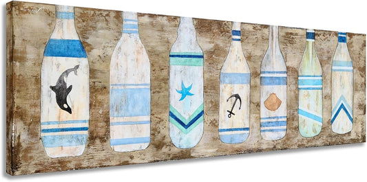 Yihui Arts Drift Bottle Canvas Wall Art - Rustic Coastal Painting for Farmhouse Living Room Decor
