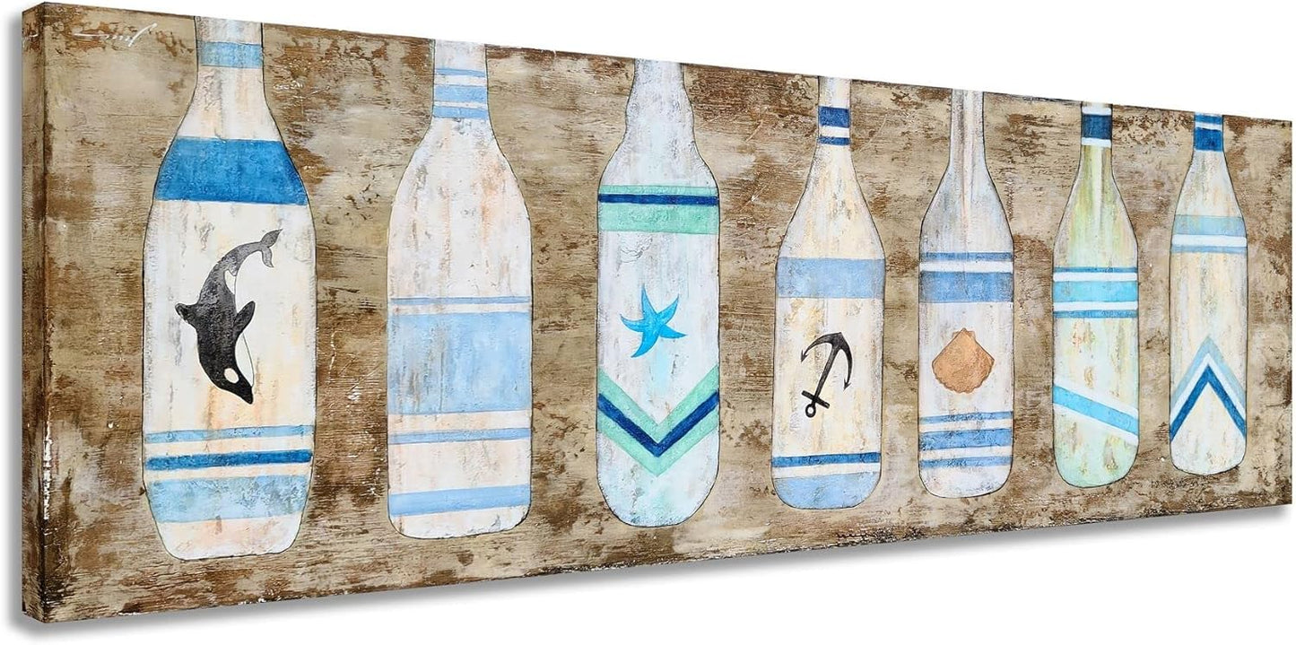 Yihui Arts Drift Bottle Canvas Wall Art - Rustic Coastal Painting for Farmhouse Living Room Decor