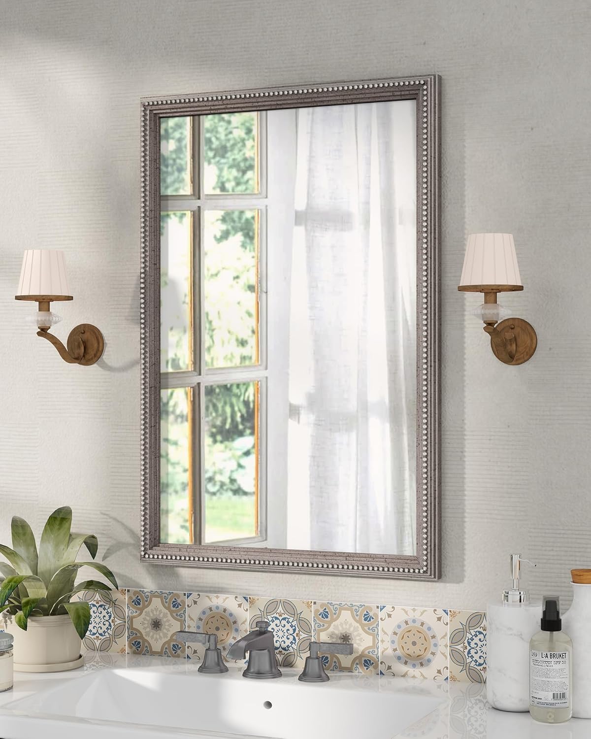 Axeman 24x36 Wood Wall Mirror, Rustic Bathroom Mirror, Vintage Wall Mounted Mirror Tempered Glass with Beaded Wooden Frame for Farmhouse Living Room Vanity Bedroom Entryway, Grey