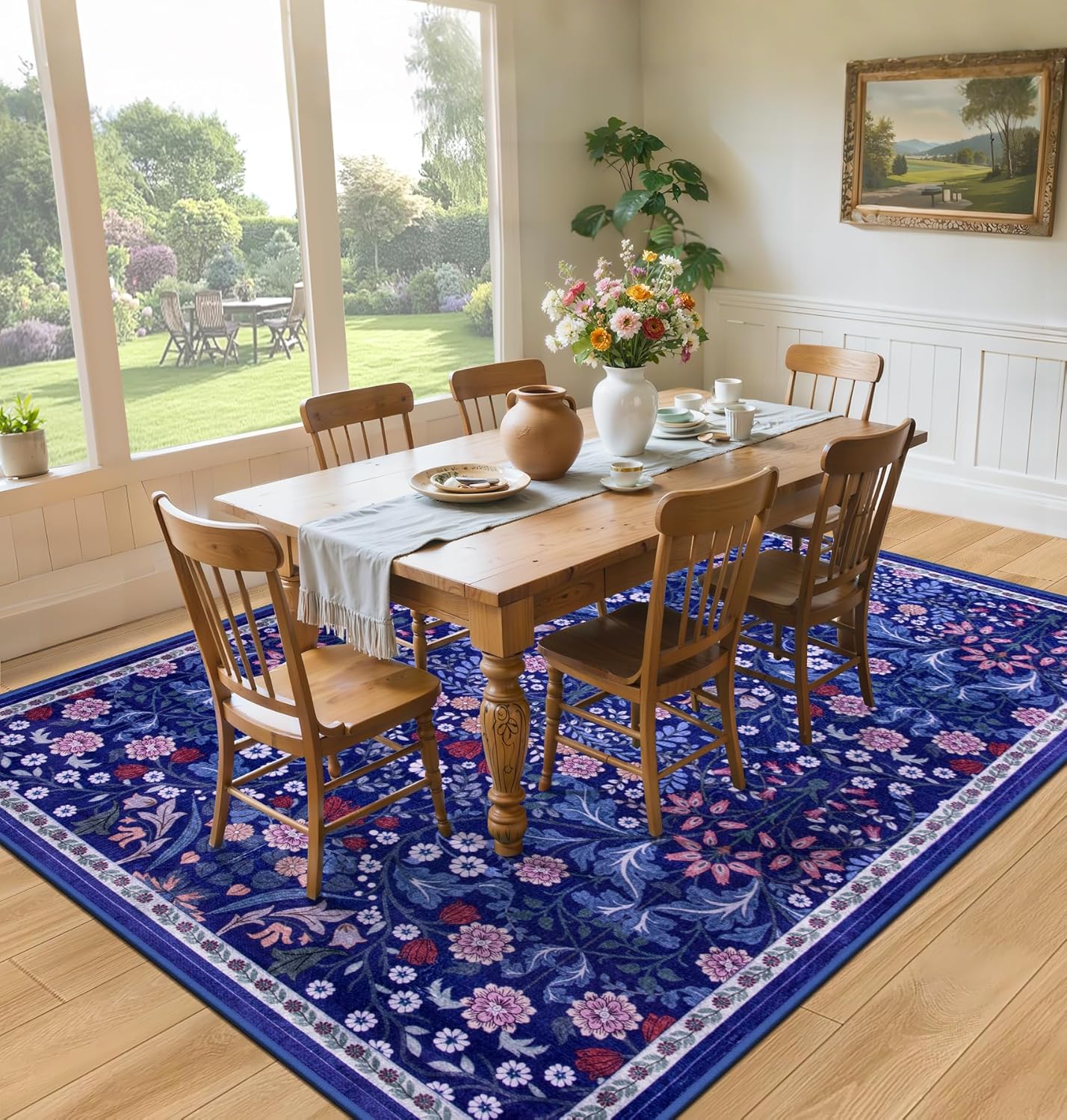 Area Rug Living Room Rugs: Floral 5x7 Washable Rug Vintage Soft Boho Non-Slip Carpet Indoor Floor Stain Resistant Large Carpets for Bedroom Dining Room Farmhouse Nursery Hallway Home Office Blue