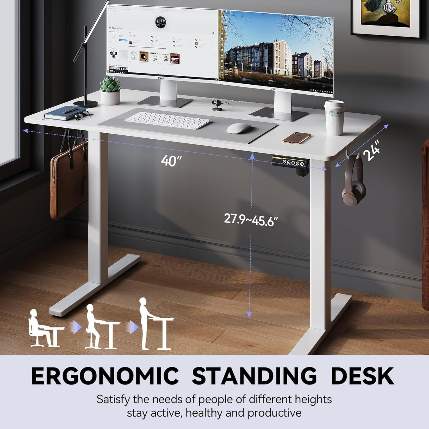 Electric Standing Desk Adjustable Height 40"x24" Stand Up Desk with Lockable Wheels Ergonomic Sit Stand Desk for for Work Office Home Computer Workstation (White)
