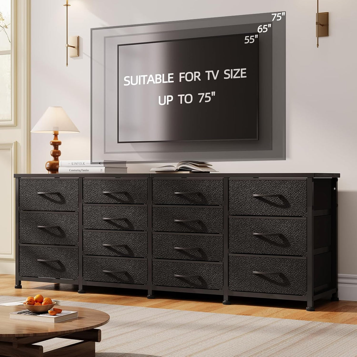 63 Inch TV Stand Dresser for Bedroom, Long Black Dresser with 14 Fabric Drawers for 65 70 75 Inch TV, Entertainment Center with Storage Media TV Console Table