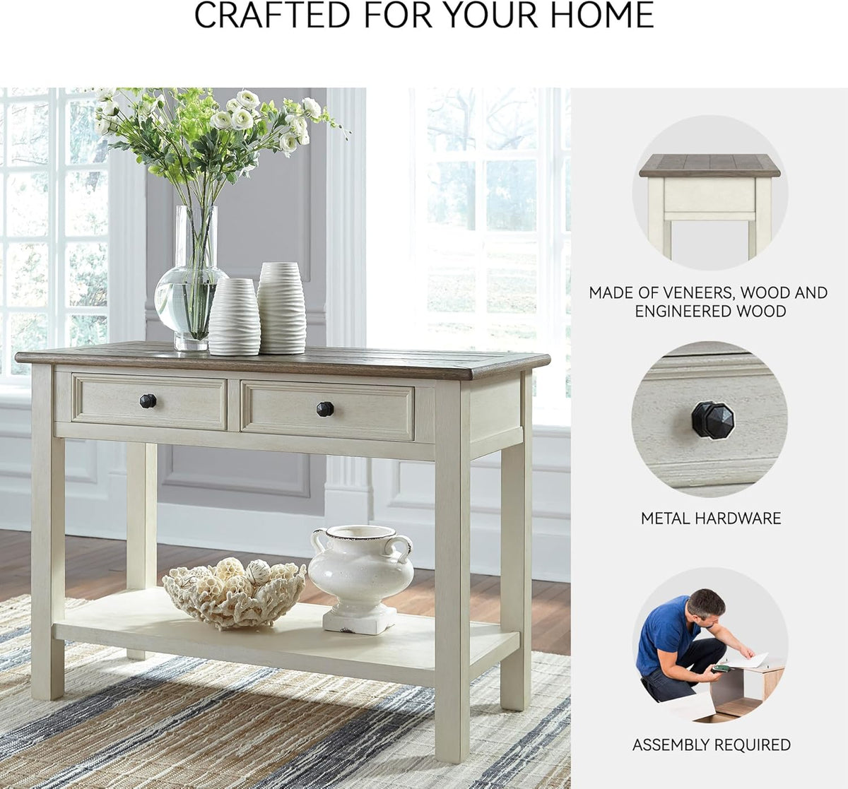 Signature Design by Ashley Bolanburg Farmhouse Rectangular Two Tone Sofa Table, Antique Cream