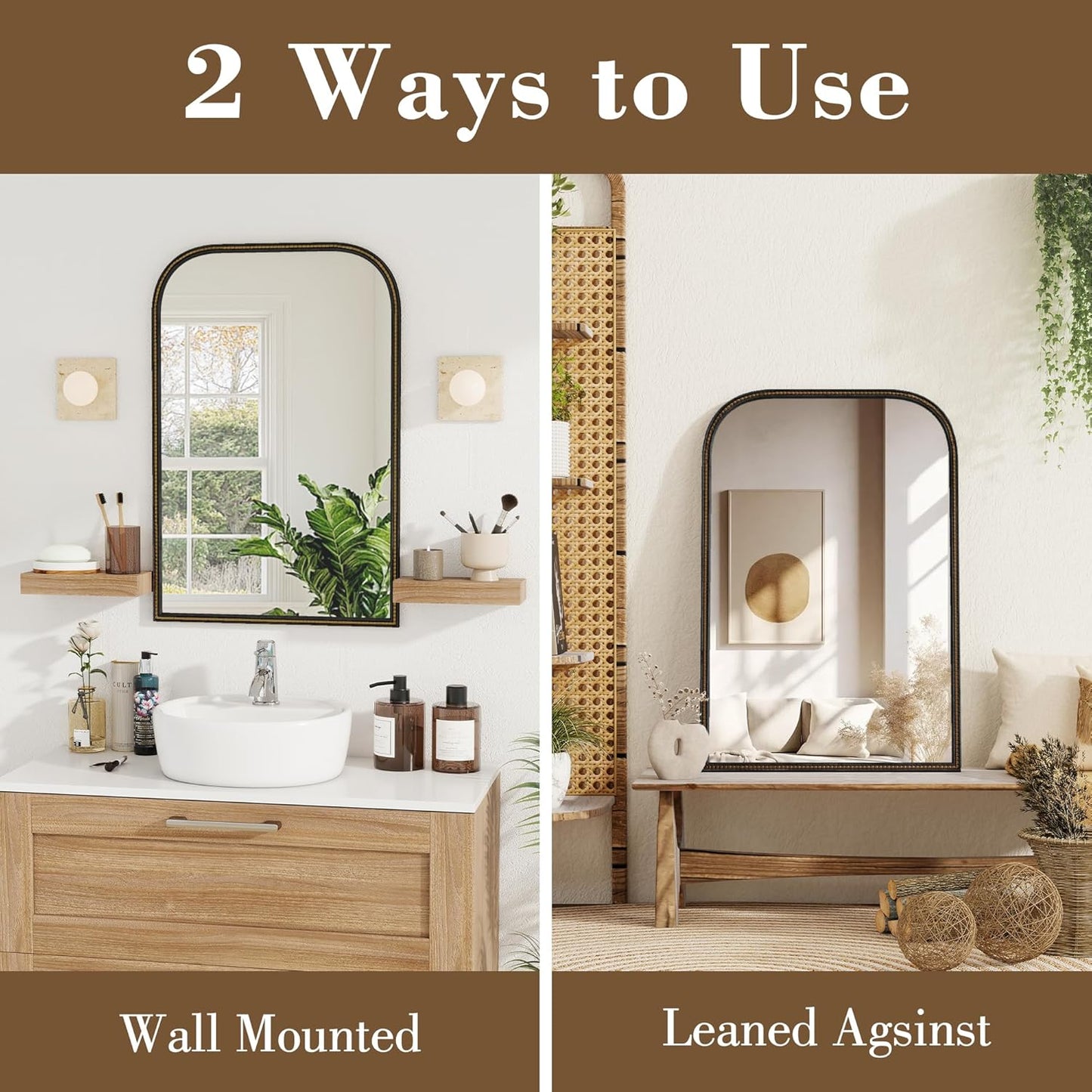 Axeman 24x36 Rounded Rectangular Wall Mirror, Decorative Bathroom Mirror, Traditional Vintage Wall Mounted Mirror with Beaded Frame for Accent Living Room Vanity Bedroom Entryway, Black