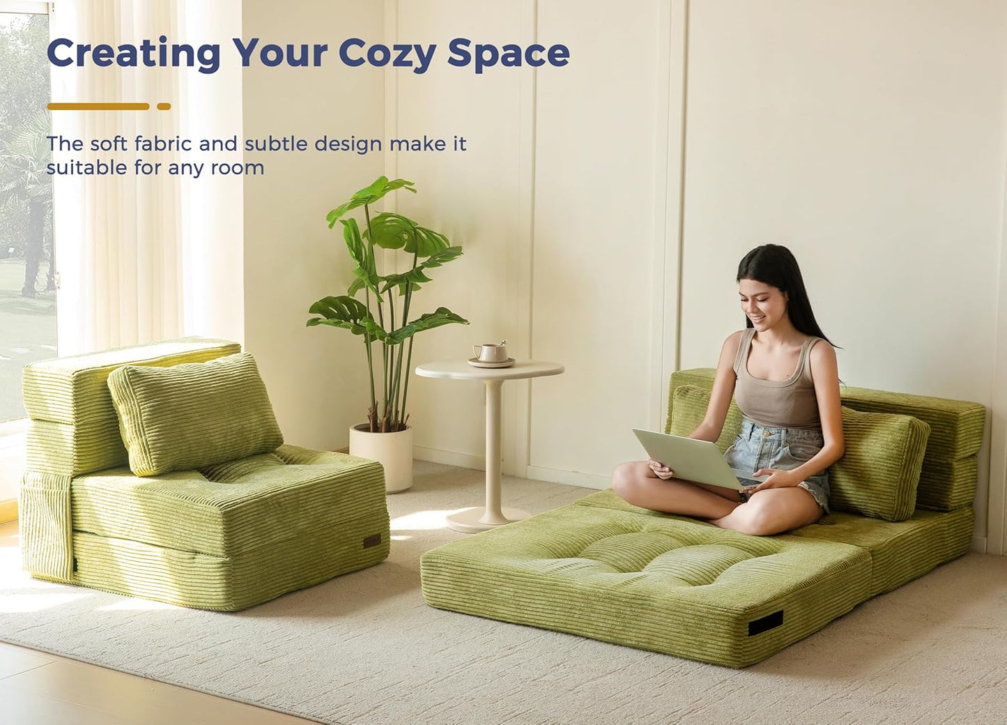 MAXYOYO Convertible Sofa Bed, Fold Out Loveseat Sleeper Sofa with Pillow, 4 in 1 Tufted Folding Couch Bed Foam Floor Couch, Lazy Chair for Living Room Bedroom Guest Room, Green