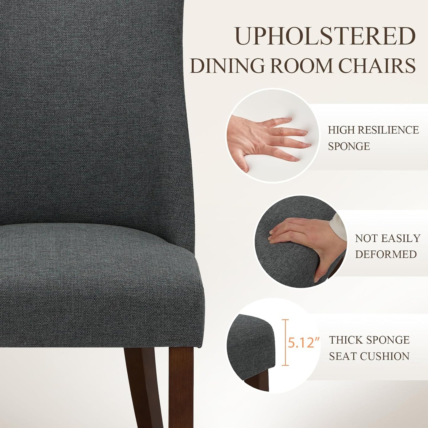 COLAMY Upholstered Dining Chairs Set of 4, Mid Century Modern Kitchen Chairs with Back, Farmhouse Fabric Side Dining Room Chairs with Wood Legs for Dining Room Restaurant, Dark Grey