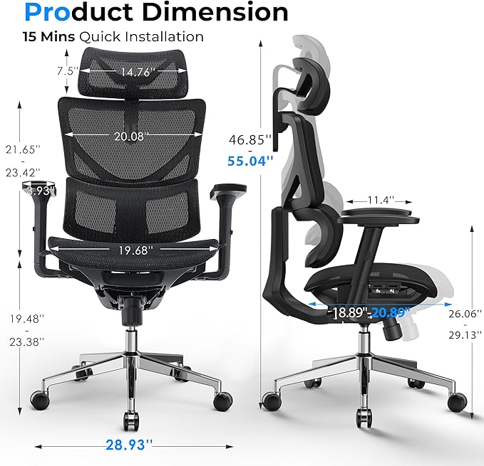 Ergonomic Office Chair - Big & Tall 6'6" Mesh Chair with Dynamic Lumbar Support, 4-in-1 Quick Adjust, 350lbs Capacity - BIFMA Certified Computer Chair for Home Office