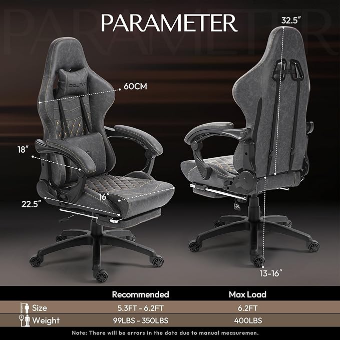 Dowinx Gaming Chair Big and Tall, Ergonomic PC Gaming Chair with Footrest & Massage, Racing Style Reclining Computer Chair for Adults, 400LBS Capacity - Heavy Duty Gamer Chair, Grey