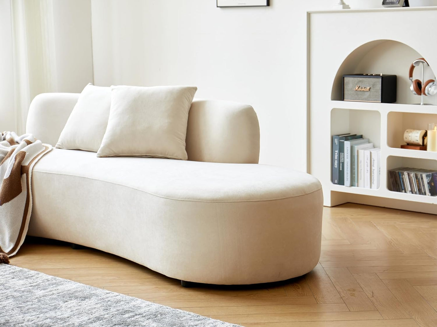 Container Furniture Direct 90" Curved Sofa with Throw Pillows, 4 Seater Luxury Velvet Couch with Half Moon Design and High-Density Foam, Ideal for Modern Living Room, Office & Apartment, Ivory White