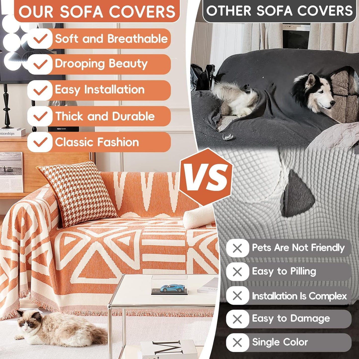 STACYPIK Reversible Caramel Sofa Cover Boho Triangle Couch Covers Non Slip Multi-use Furniture Protector for 2 Cushion Couch Jacquard Sofa Slipcovers Loveseat Couch Cover for Dog Pet-Friendly-71X118IN