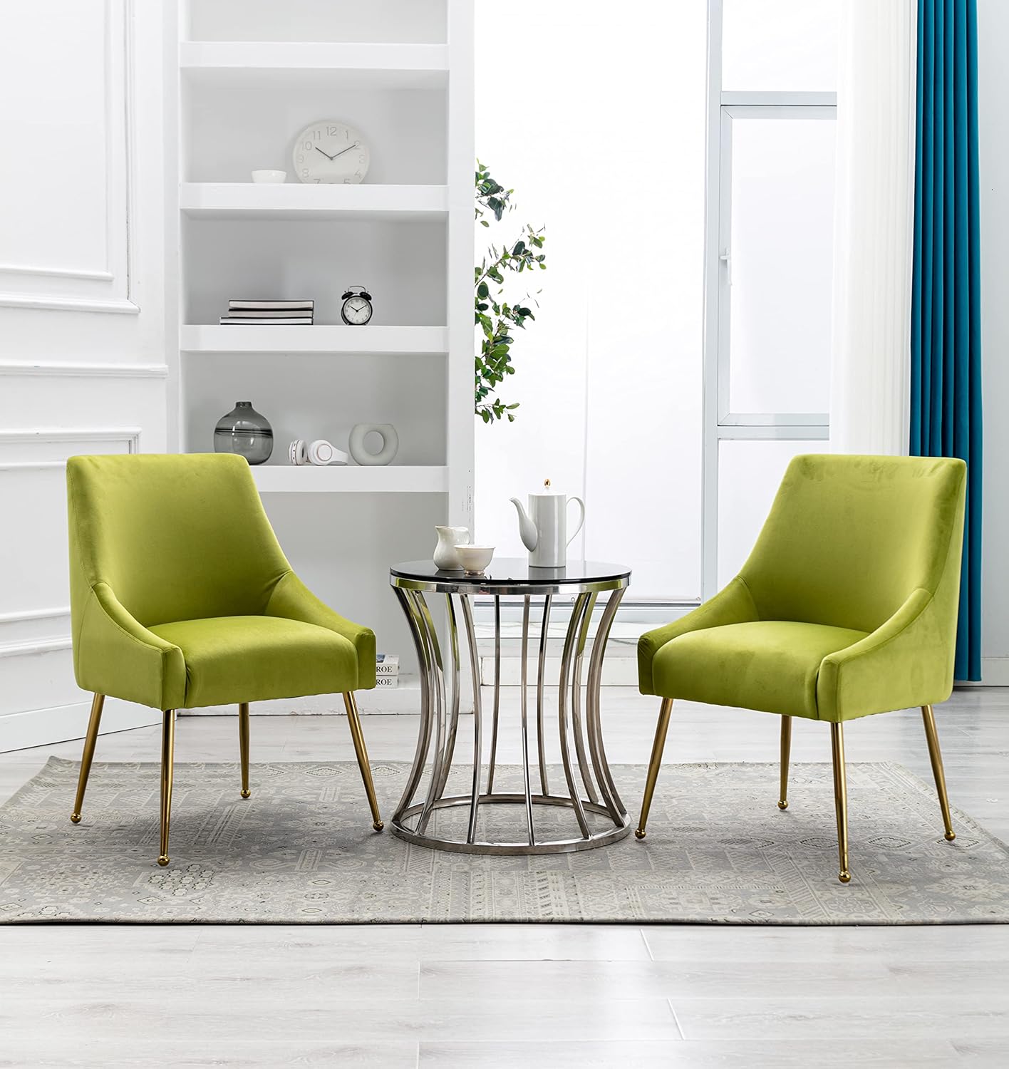 Velvet Dining Chairs Set of 2, Furniture Collection Modern Contemporary Upholstered with Polished Gold Metal Legs(Yellow Green)