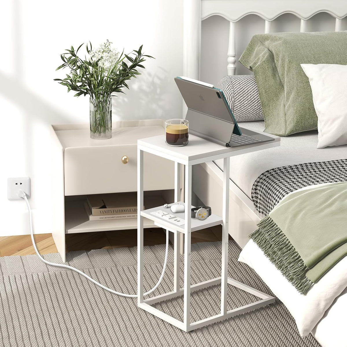 Yoobure C Shaped End Table with Charging Station, Small Side Tables for Living Room Bedroom, Sofa Table with USB Ports and Outlets for Small Spaces, Rustic Bed Side Table