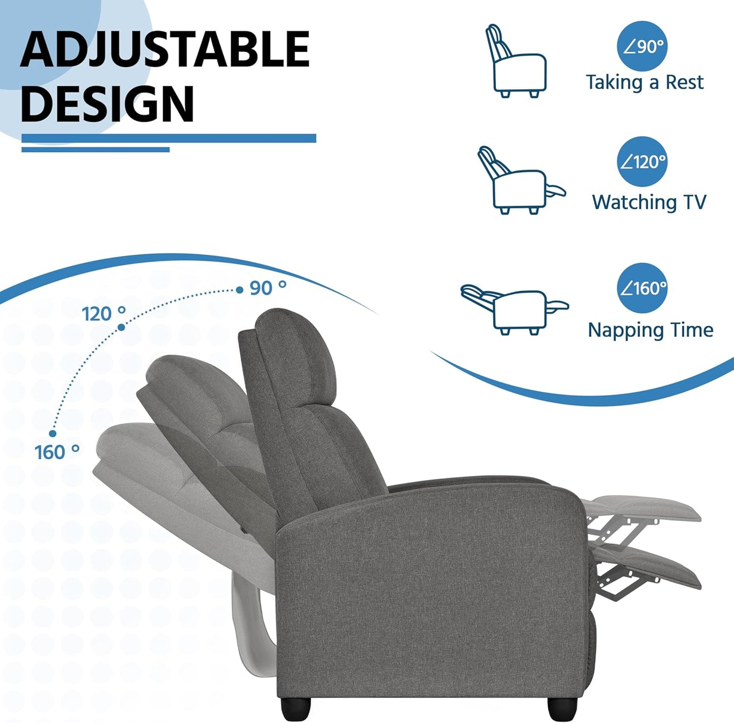 Yaheetech Fabric Recliner Chair Sofa Ergonomic Adjustable Single Sofa with Thicker Seat Cushion Modern Home Theater Seating for Living Room Matte Grey