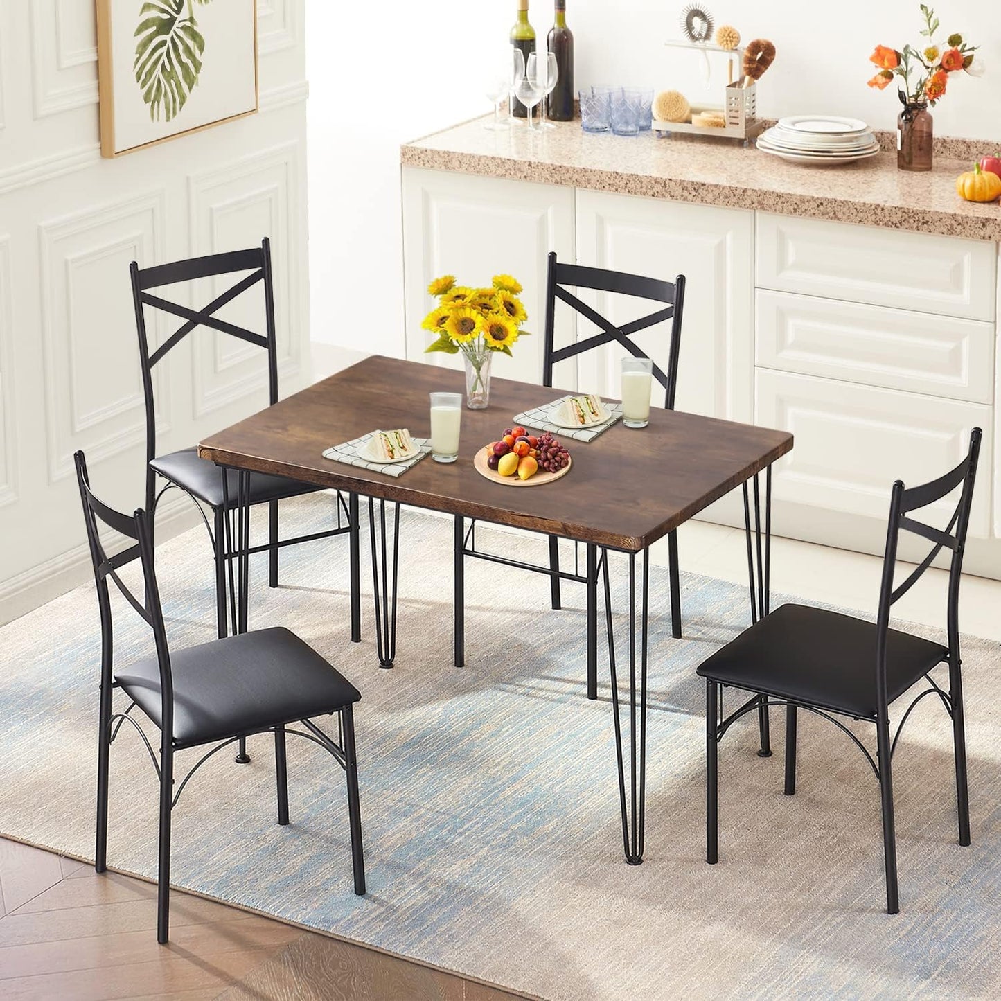 VECELO 5-Piece Dining Table Set for Home Kitchen Small Space Breakfast Nook, 4 Faux Leather Metal Frame Chairs, Retro Brown