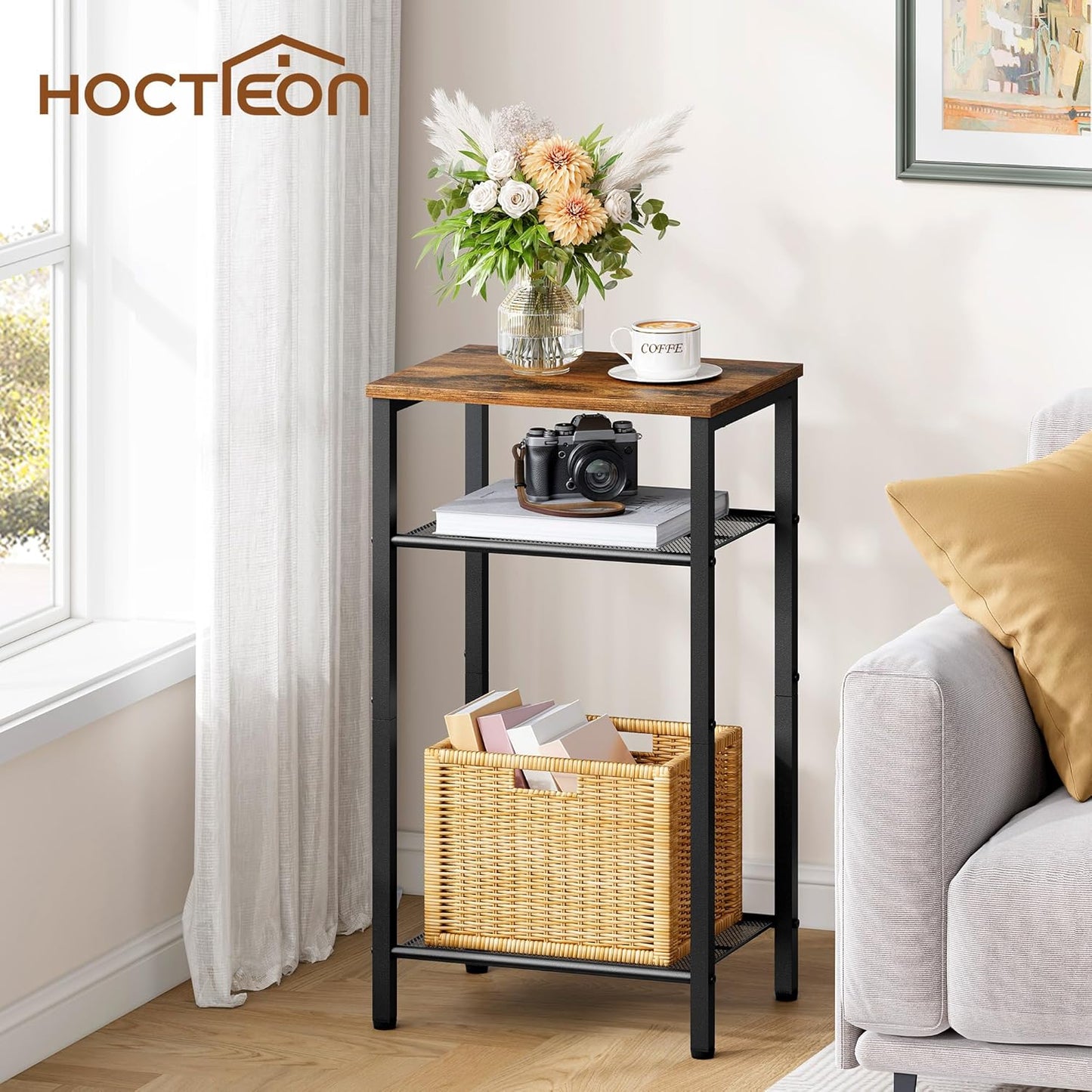 Hoctieon 3 Tier End Table, Telephone Table, Narrow Side Table with Storage, Nightstand for Small Spaces, Metal Frame, For Living Room, Bedroom, Sofa Couch, Hall, Easy Assembly, Rustic Brown