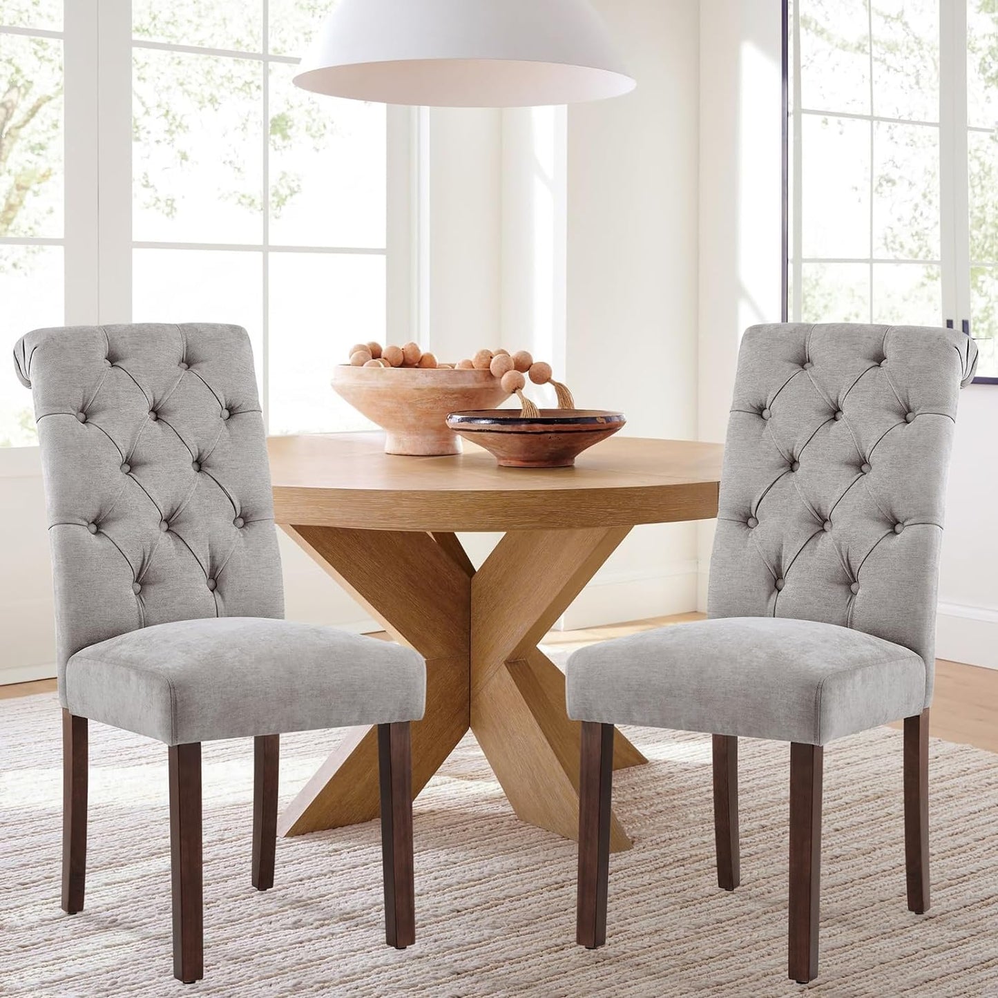COLAMY Button Tufted Dining Chairs Set of 6, Parsons Upholstered Fabric Dining Room Chairs Kitchen Chairs with Wood Legs and Padded Seat, Light Grey