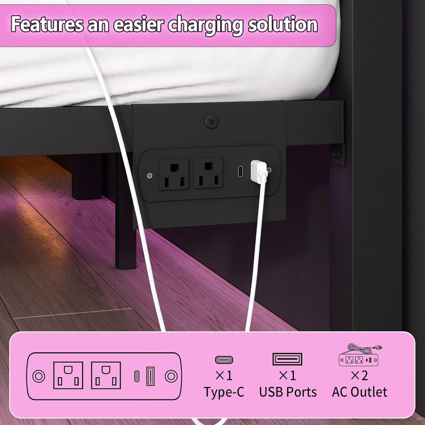 Twin Bed Frame with Headboard and Footboard,Steel Slats Support-LED Bed Frame with USB Charging Station,Mattress Foundation-Under Bed Storage,No Box Spring Needed,Noise Free,Black