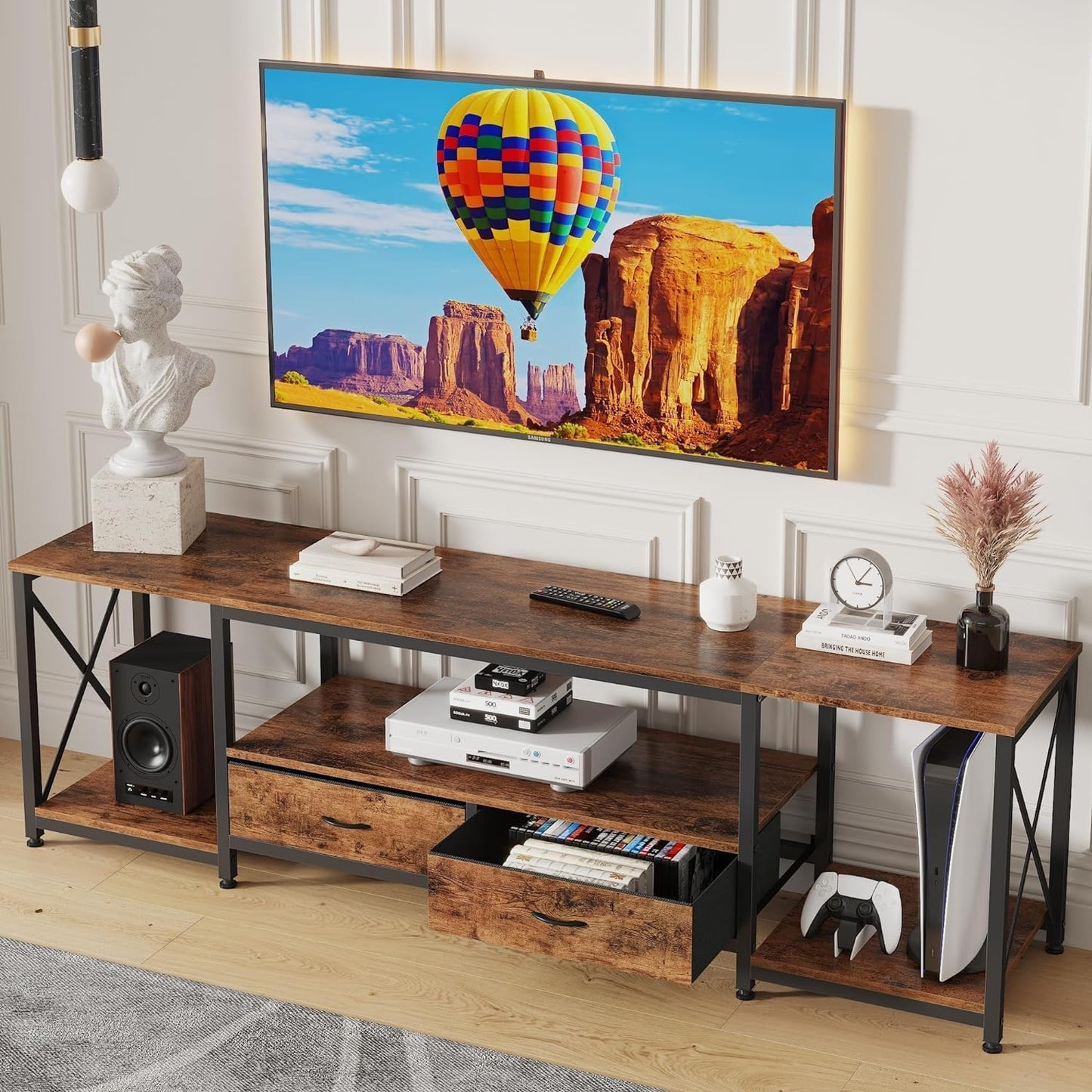 TV Stand with Fabric Drawer for 50 55 Inches TV - Entertainment Center and Industrial TV Console Table with Open Storage Shelves for Living Room, Bedroom - 47" Rustic Brown