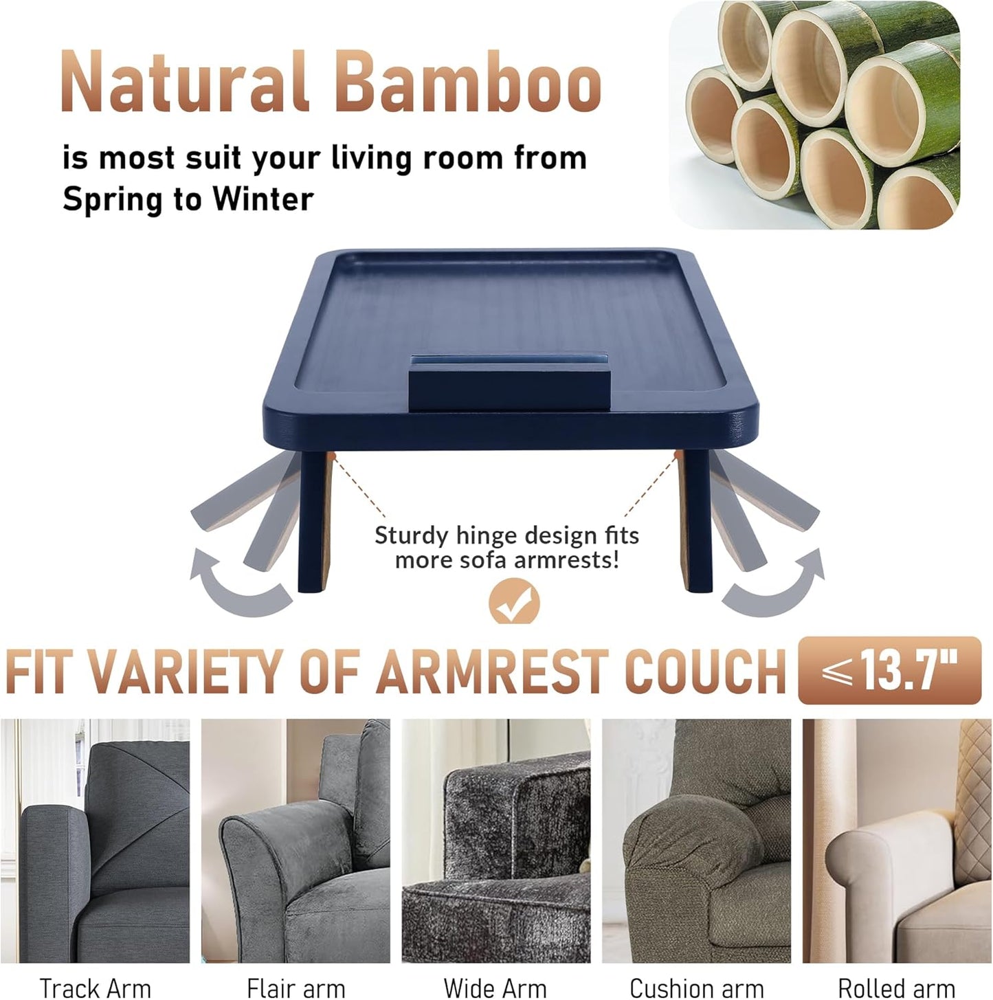 SINWANT Couch Armrest Table, Bamboo Couch Arm Table 360° Phone Holder,Foldable Sofa Arm Tray for Eating Drinking Snacks Remote on Chair Armrest