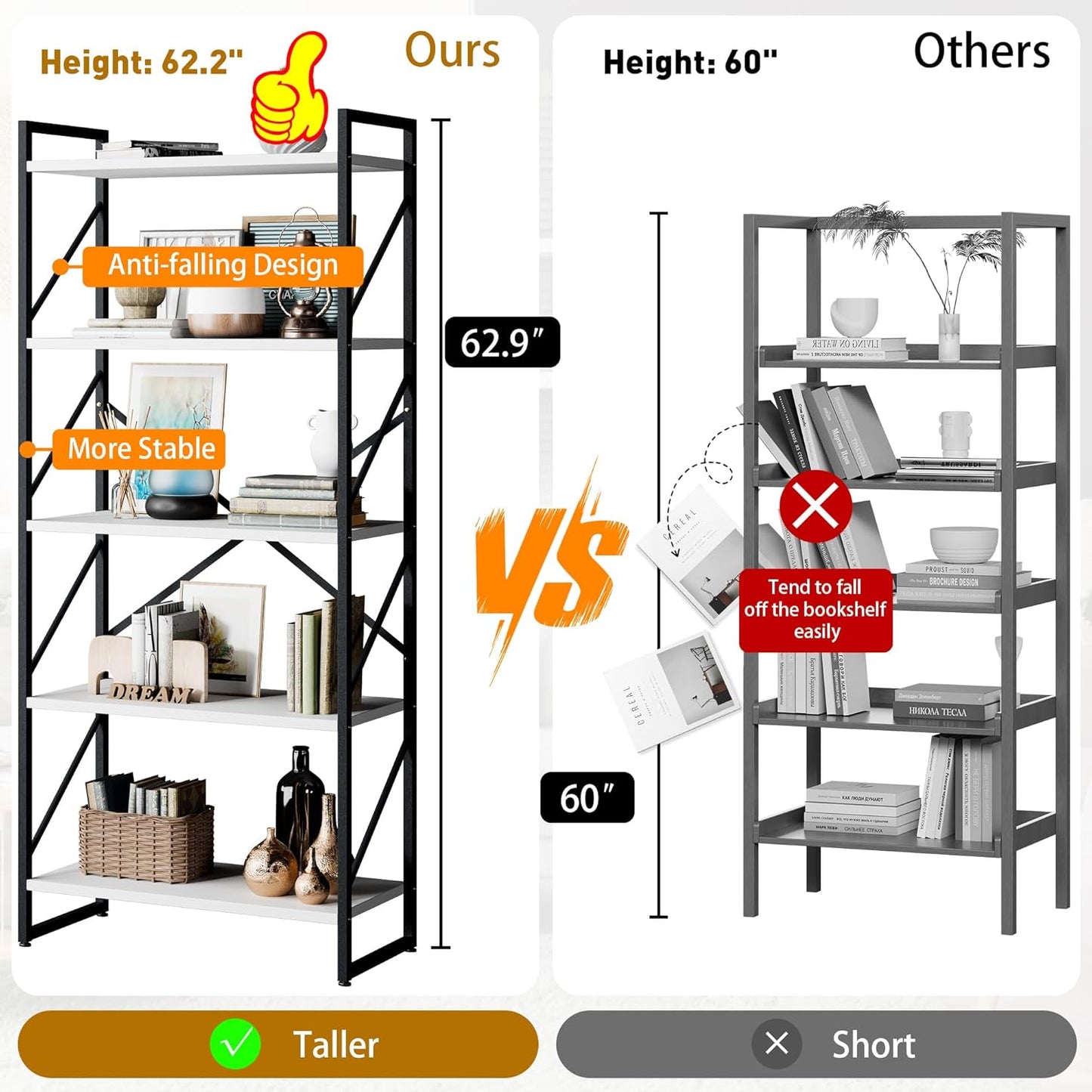 Shintenchi 5 Tiers Bookshelf, Classically Tall Bookcase Shelf,Industrial Book Rack,Modern Book Holder in Bedroom/Living Room/Office, Storage Rack Shelves for Books/Movies,11.8" Dx23.6 Wx62.2 H,White