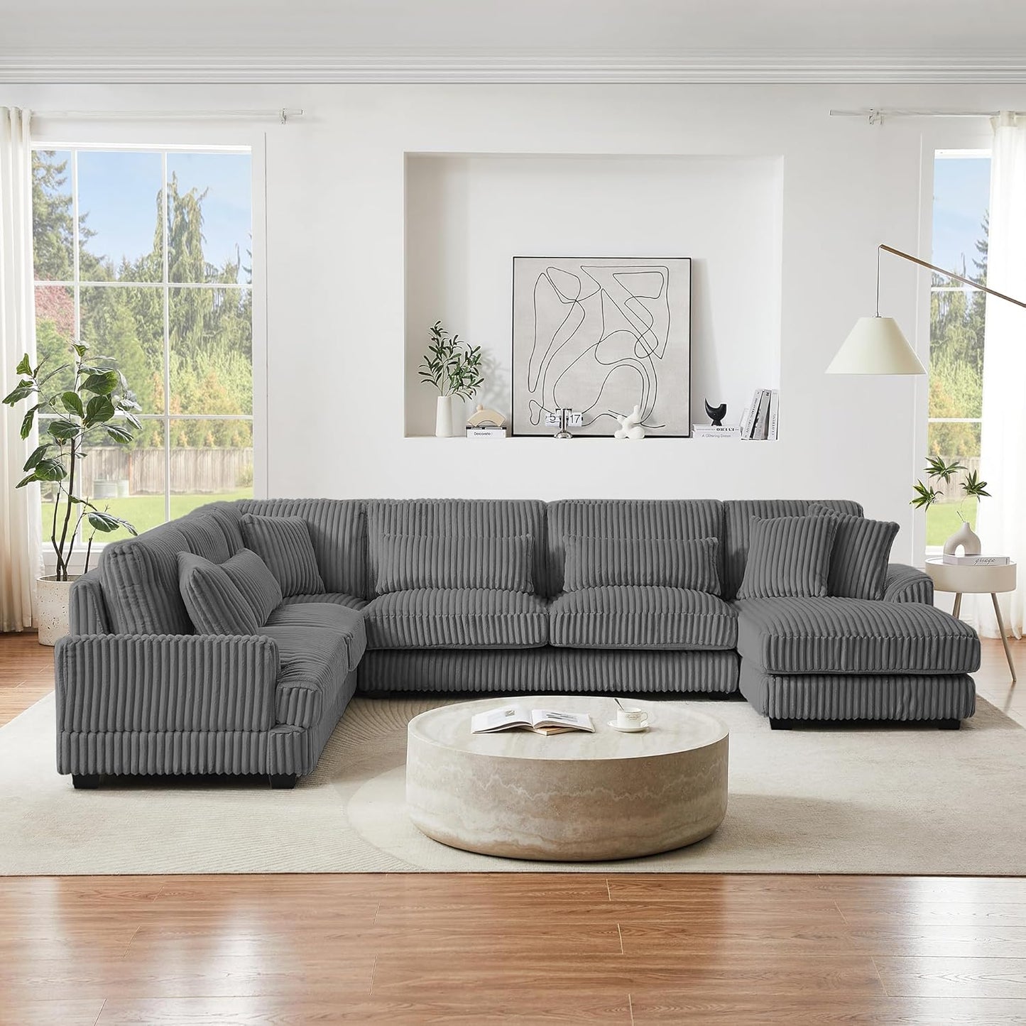 129" Oversized U Shaped Modular Sectional Sofa Couch for Living Room 7 Seater Plush Corduroy Upholstered Large Sofa Deep Seat Cloud Couch with Extra Wide Chaise Lounge and Detachable Thick Cushions