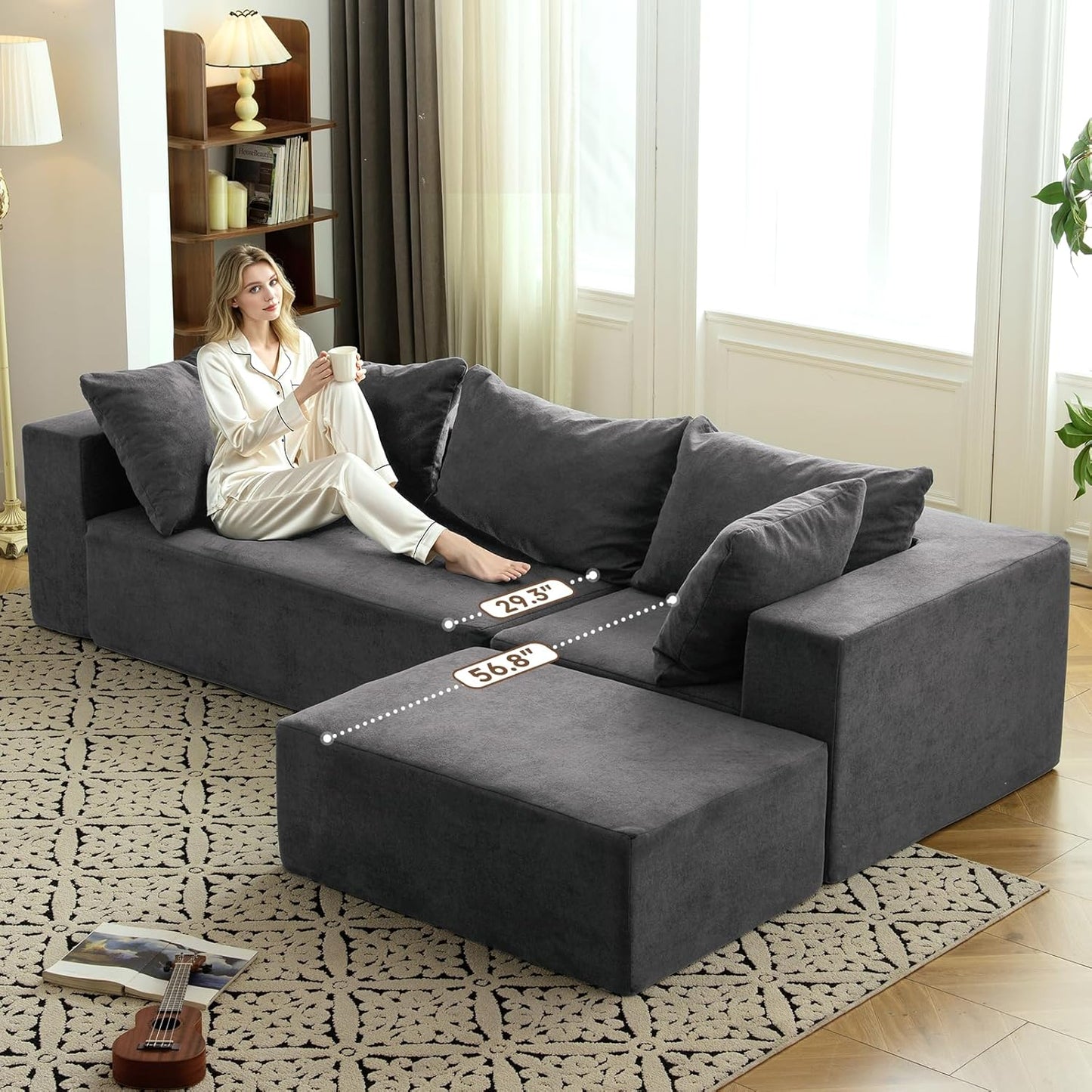 Vamcheer Modular Sectional Sofa with Chaise, Modern L Shaped Cloud Couch with Deep Seat, Sectional Couches for Living Room, Bedroom, Office, No Assembly Required, Gray