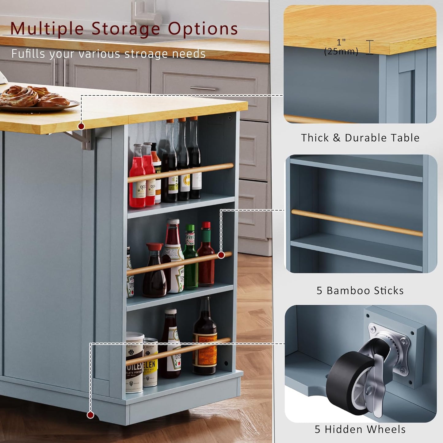 YOTPO 53" Large Kitchen Island with Drop Leaf,Power Outlet & Door Internal Storage Rack,Rolling Kitchen Cart on 5 Wheels W/ 5 Open Side Racks for Kitchen,Dining Room,Grey Blue(Not Include bar stools)