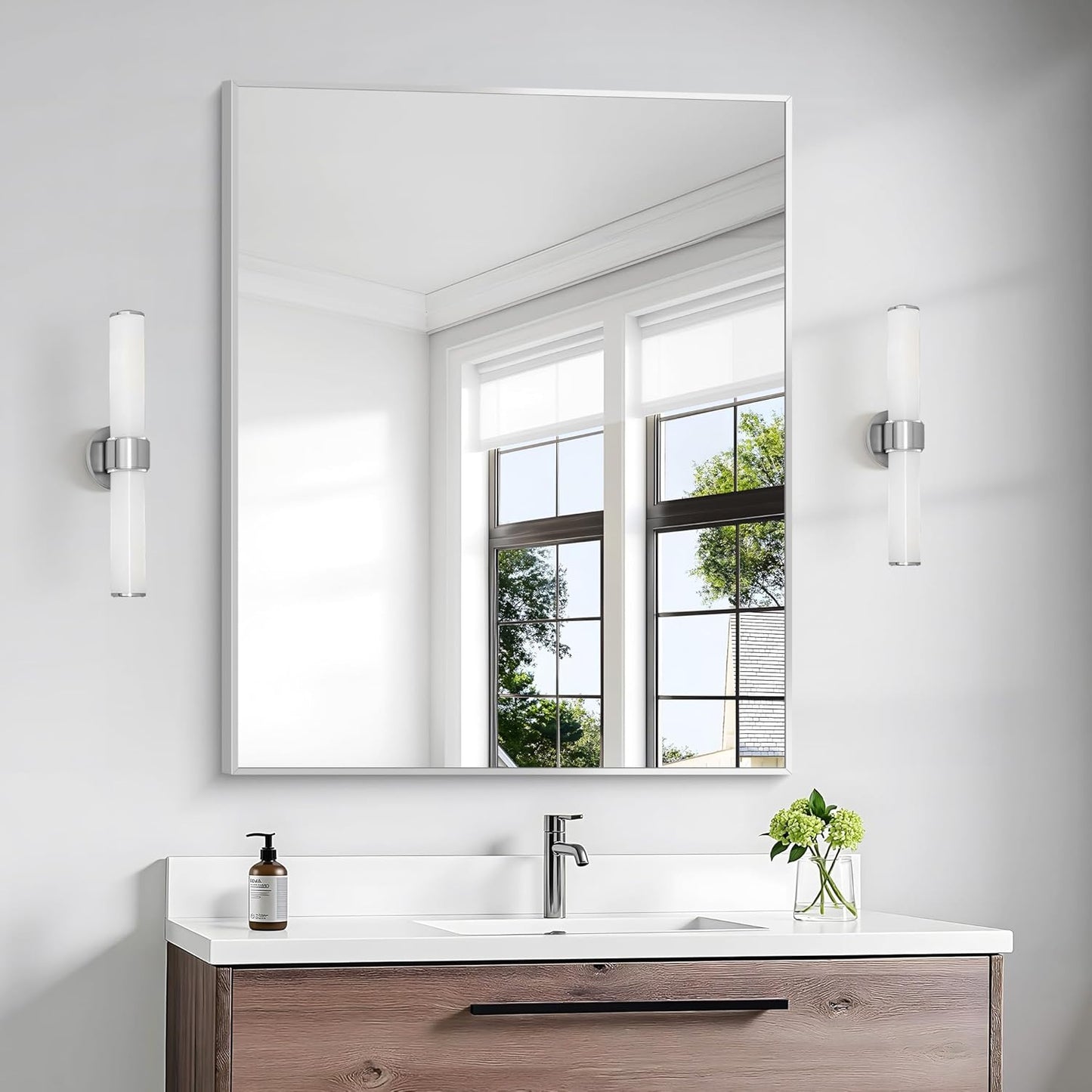 BONEWEI Silver Bathroom Mirror,30x36 inch Wall Mirror for Bathroom Wall Mounted,Rectangle Mirror for Bathroom Over Sink,Modern Metal Frame for Living Room,Bedroom Entryway,Horizontal/Vertical