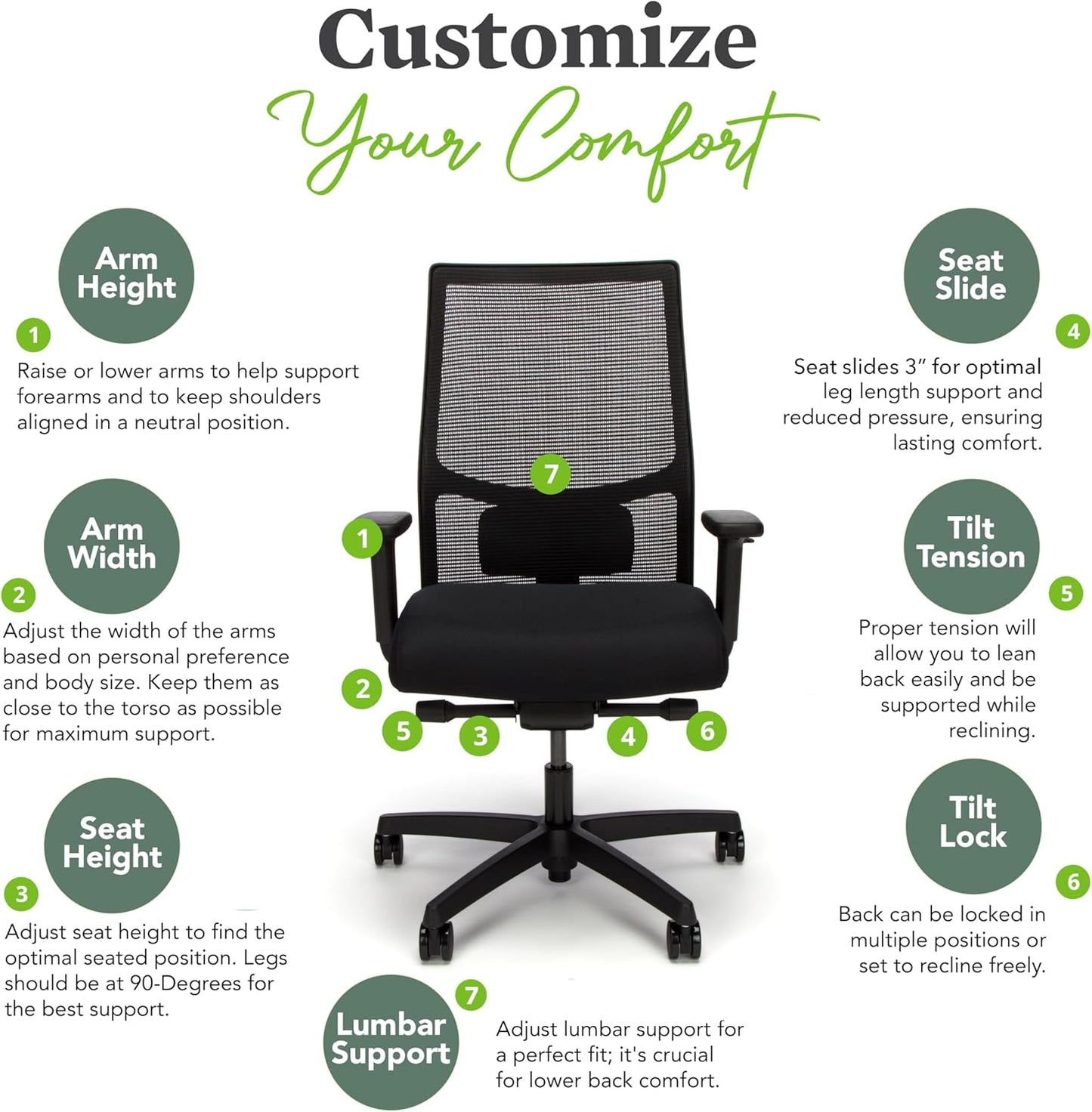 HON Ignition 2.0 Mid Back Task Chair, Advanced Synchro-Tilt Control, Office Chair with Lumbar Support, Height and Width Adjustable Arms, Black Frame, Black