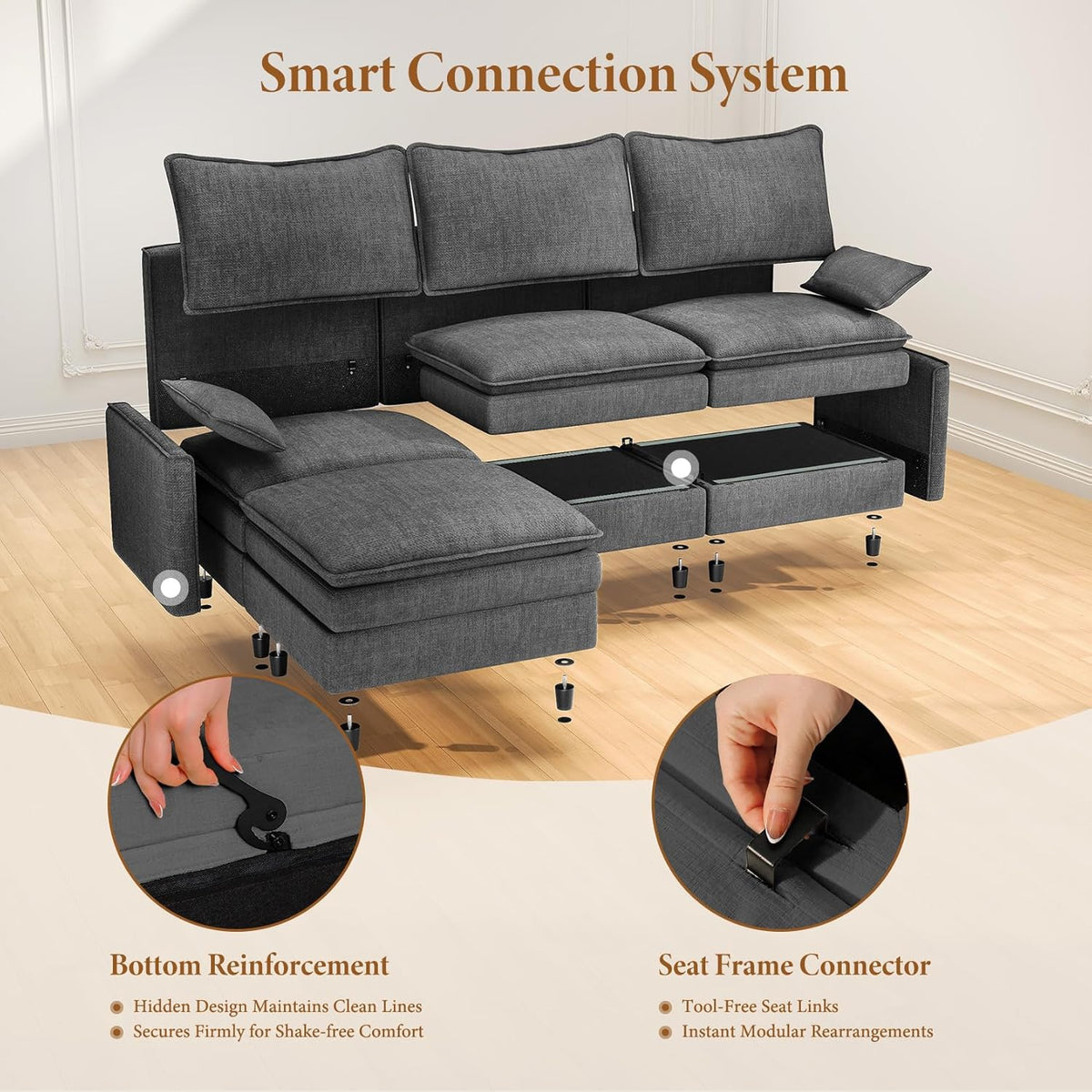 Vesgantti 108" U Shaped Sectional Couch, Comfy Cloud Modular Sectional Sofa with 2 Ottoman Deep Seat Chenille Modern Cloud Sofa, Modular Sofas for Living Room, Bedroom and Apartment, Gray