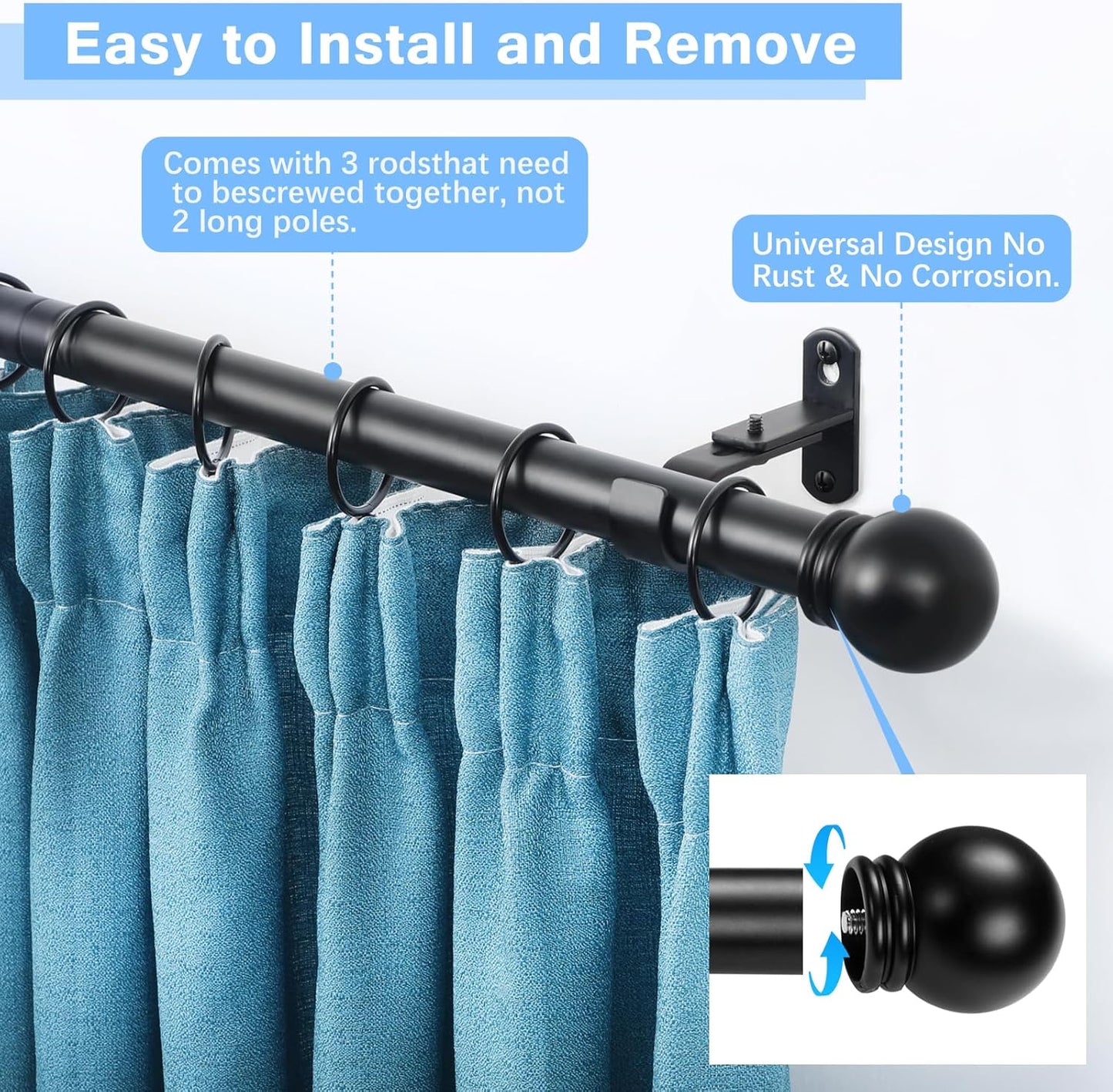 Curtain Rods for Windows 16 to 48 Inches, Curtain Rod Max Adjustable Length of 60 IN, 1" Diameter Drapery Rods Round Finials, Black, Pack of 1