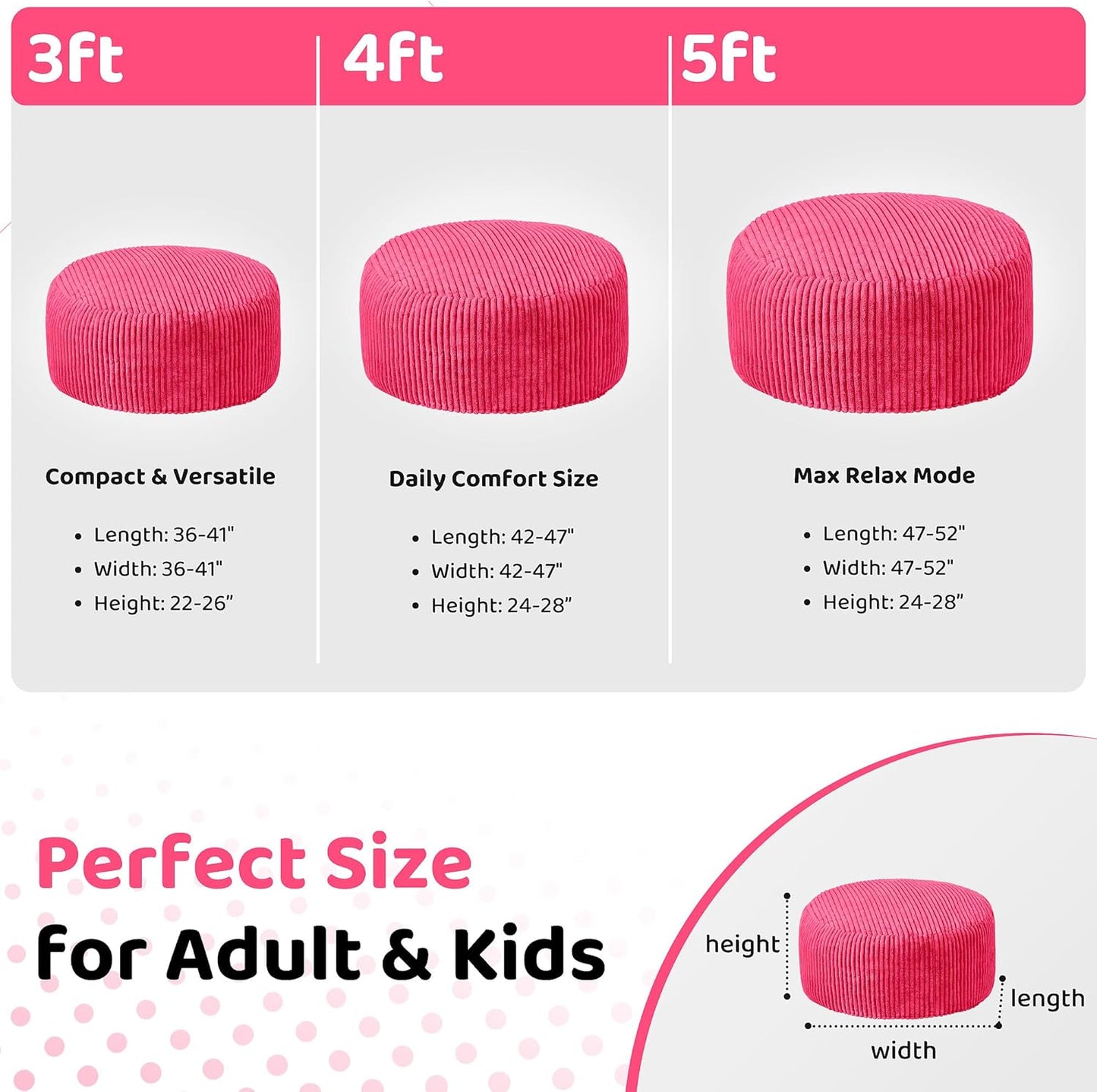 HABUTWAY 3FT Bean Bag Chair, 3' Large Bean Bag Chairs for Adults with Removable Stripe Plush Cover, Memory Foam Beanbag Chair for Living Room Bedroom Dorm (Pink)