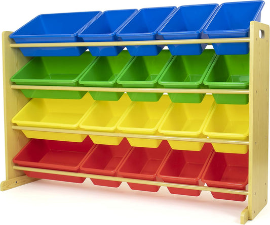 Humble Crew Extra-Large Toy Organizer with 20 Plastic Bins – Primary/Natural Storage Rack with 4-Tier Shelves, Anti-Tip Safety, for Kids’ Rooms, Playrooms, Nurseries & Classrooms