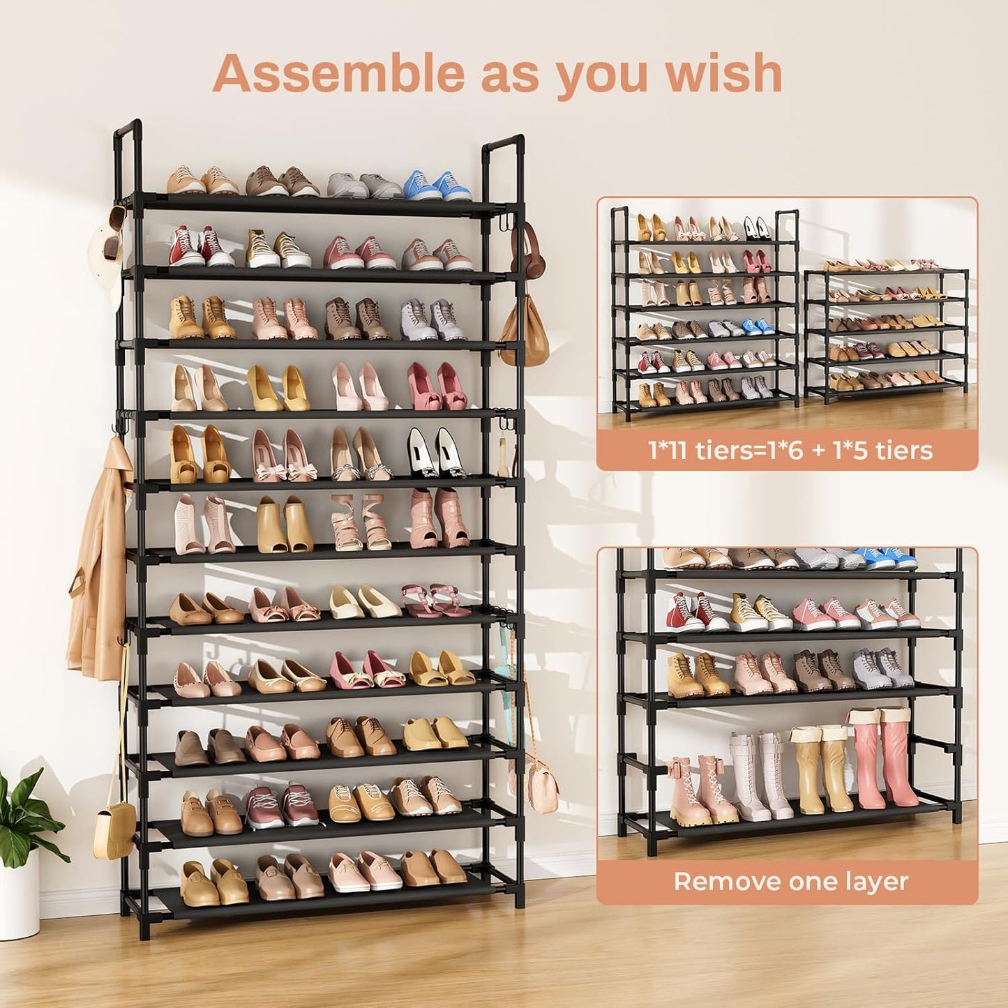 11 Tiers Tall Shoe Rack Holds 55 Pairs of Shoes with 18pcs Hooks Sturdy Wide Shoe Organizer Storage Free Standing Metal Shoe Shelf for Closet, Entryway Black
