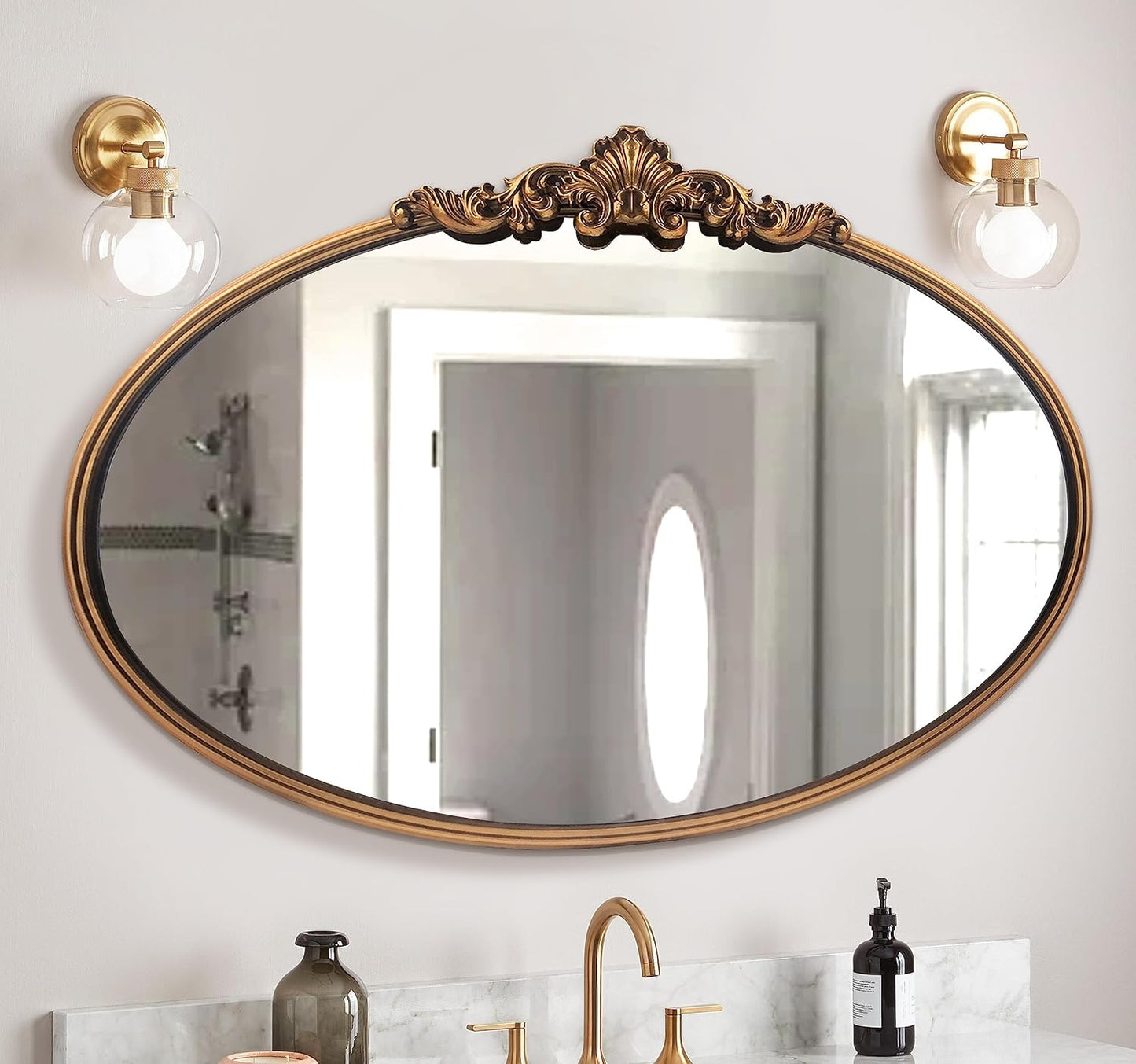 WAMIRRO Oval Mirror,Gold Traditional Vintage Ornate Baroque Mirrors,Antique Brass Mirrors for Entryway/Fireplace/Living Room/Hallway/Bathroom.36“X24“Gold
