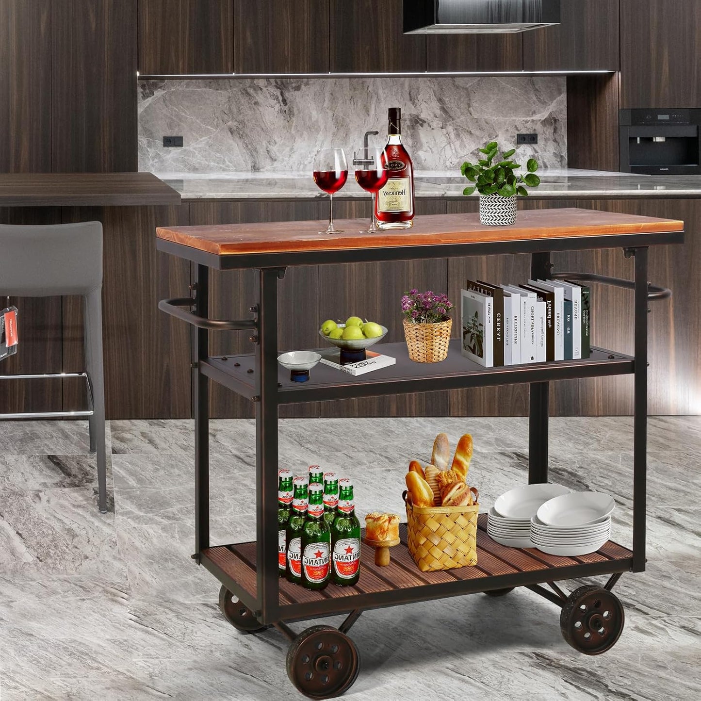 Farmhouse Mobile Cart with Wheels for Home Kitchen Industrial Rolling Food Cart Outdoor Vintage Wood and Metal Design Utility Cart in Office Coffee House 3 Tier with 2 Side Handle