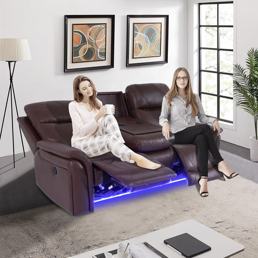 PU Leather Power Wall Hugger Chair Double Reclining Sectional Sofa 3-Seater Loveseat Couch with Reversible Coffee Table, Wireless Chargers, USB Port and Ambient LED Light for Living Room RV Theater
