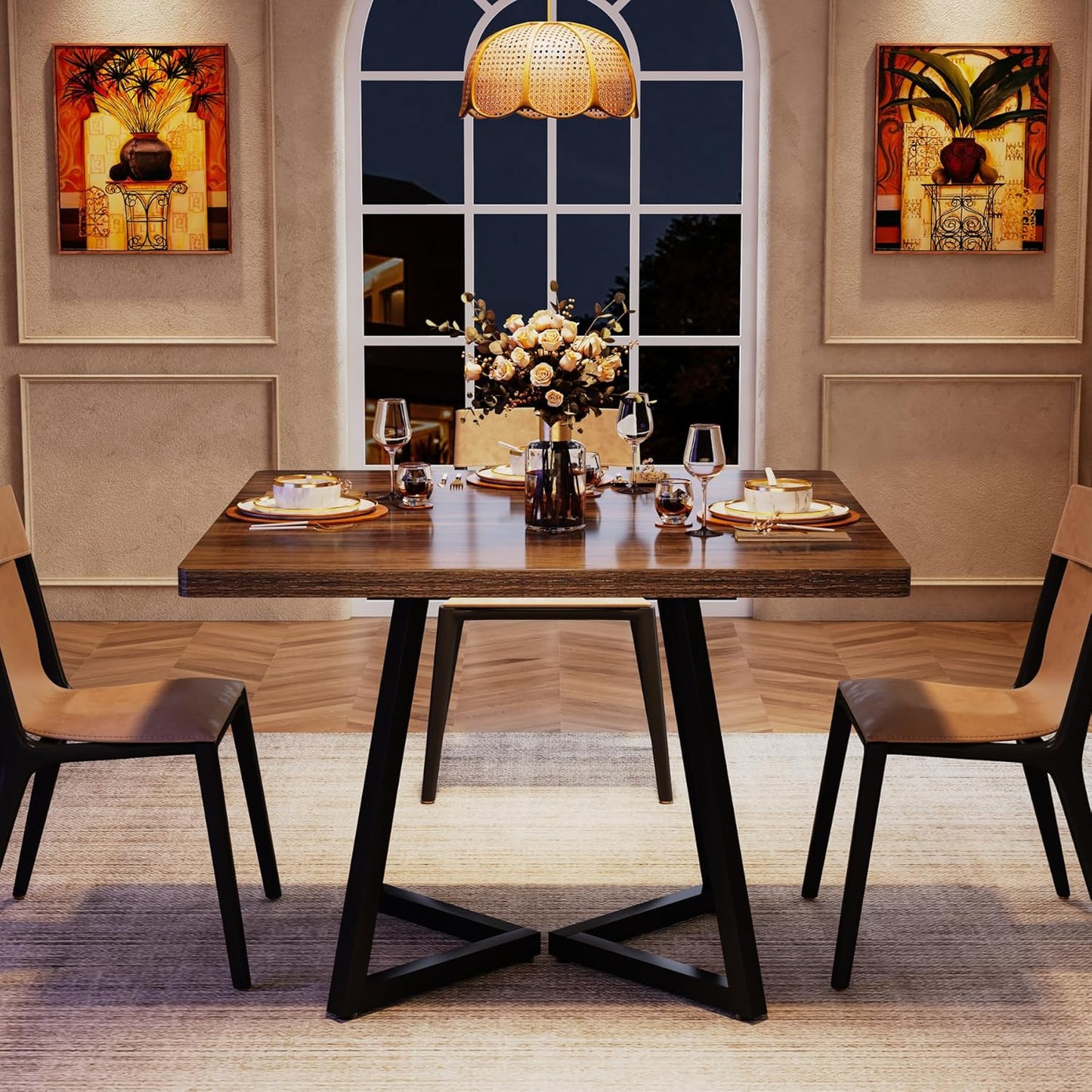 Tribesigns Square Dining Table for 10, 31.5" Industrial Dinner Table with Metal Base, Kitchen Table for Dining Room, Small Space, Apartment, Rustic Brown & Black