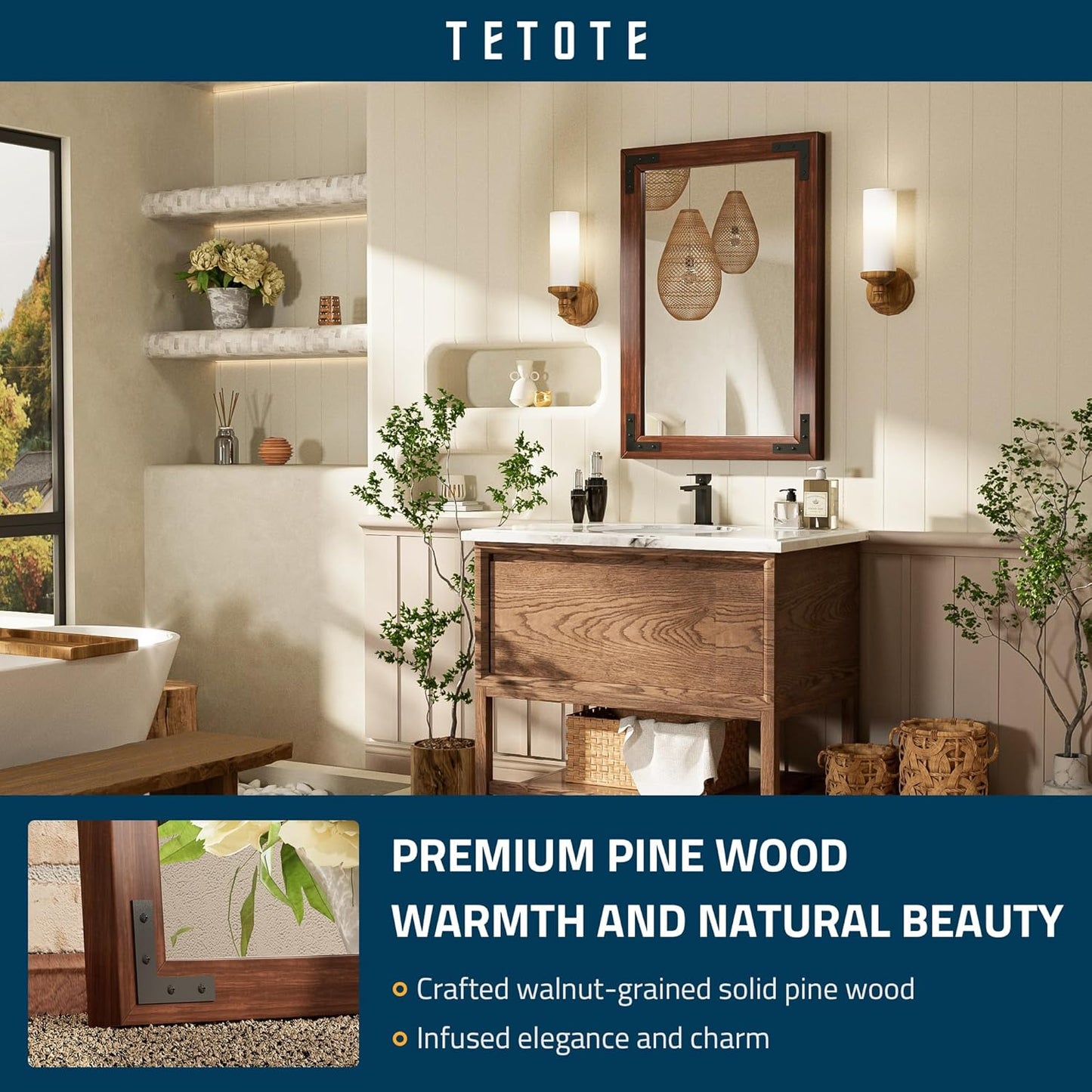 TETOTE 18 x 26 Walnut Wood Mirror for Bathroom Wall/Bedroom/Living Room/Entryway Farmhouse Rustic Bathroom Vanity Mirror for Over Sink Waterproof (Horizontal/Vertical Mounted)