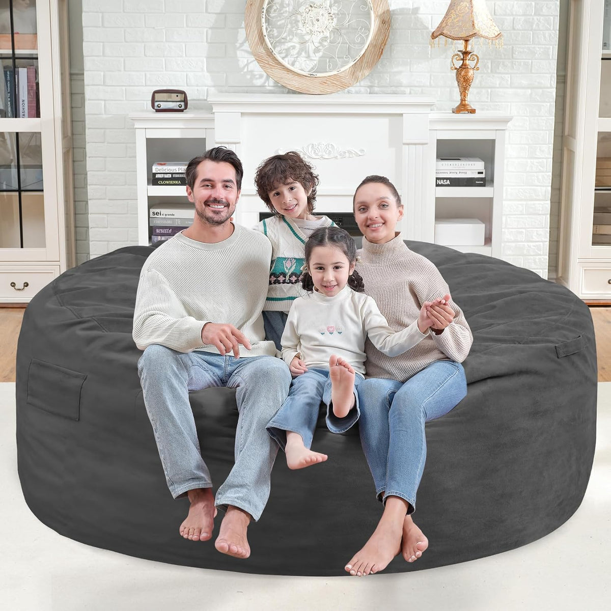 6FT Bean Bag Chair, Large Bean Bag Chairs with Memory Foam Filled, Fluffy Beanbag Sofa with Dutch Velvet Cover, Round BeanBag Chairs for Living Room, Playroom - Grey