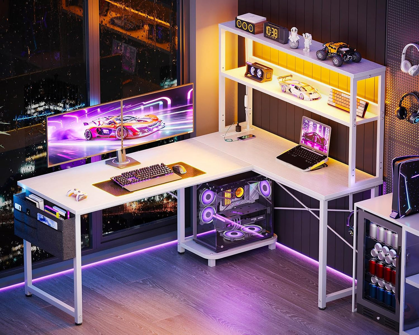 ODK 53 Inch L Shaped Desk with LED Lighting, Reversible Gaming Desk with Power Outlets, Cornor Computer Table with Storage Shelves & Bag & Iron Hook, Home Office Table for Writing, Study, White