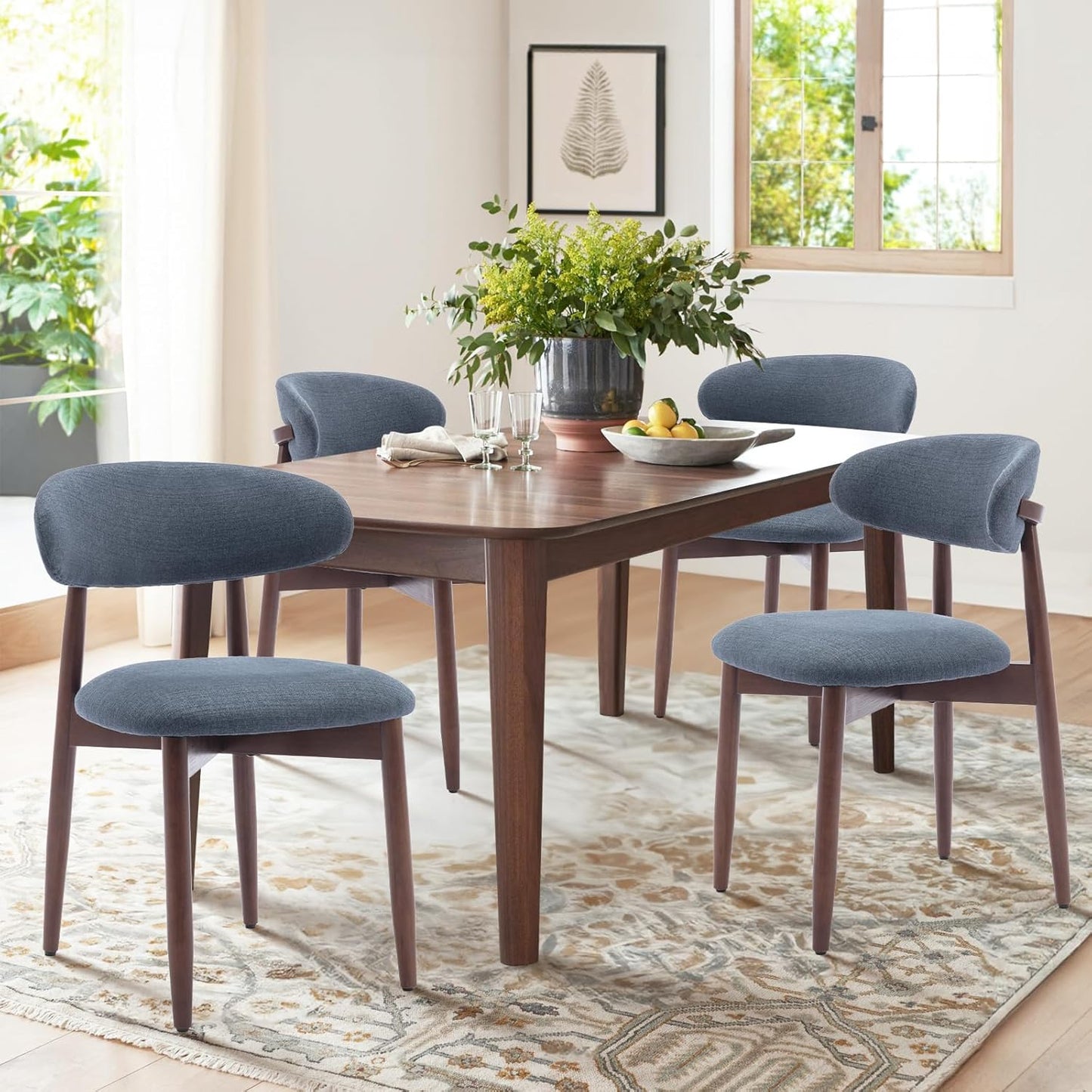 COLAMY Wooden Dining Chairs Set of 4, Modern Fabric Upholstered Kitchen Chairs, Farmhouse Dining Room Chair with Foot Pegs, Blue