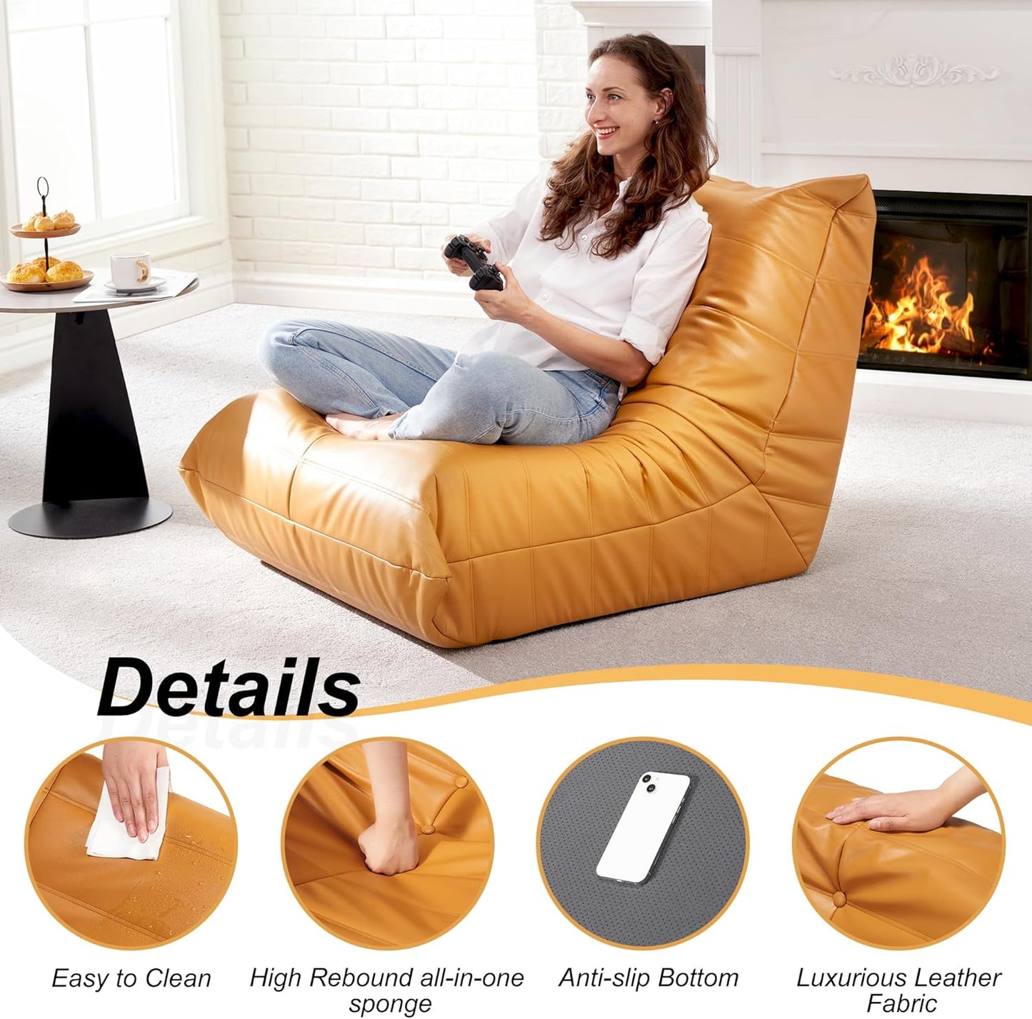 Hobestluk Giant Bean Bag Chair Lazy Floor Sofa, Memory Foam Fireside Sofa for Adults, Big Beanbag Faux Leather Armless Chair for Living Room Bedroom Dorm Office (Yellow, Single)
