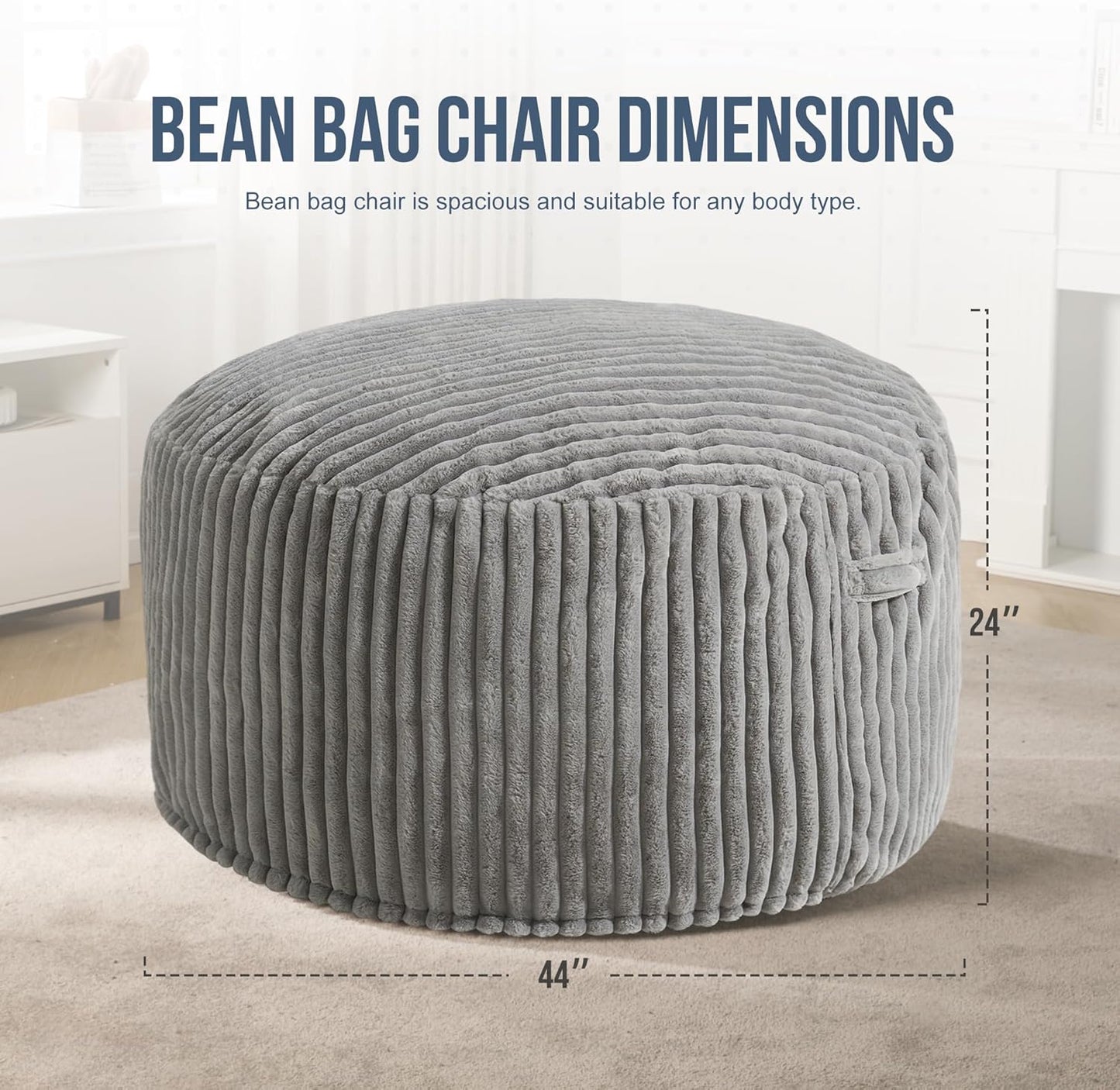 Hobestluk 4ft Bean Bag Chairs for Adults Large Beanbag Chair with Dutch Corded Plush Cover Big Bean Bag Chair for Living Room Bedroom Dorm Office - Grey (44" x 44" x 24")