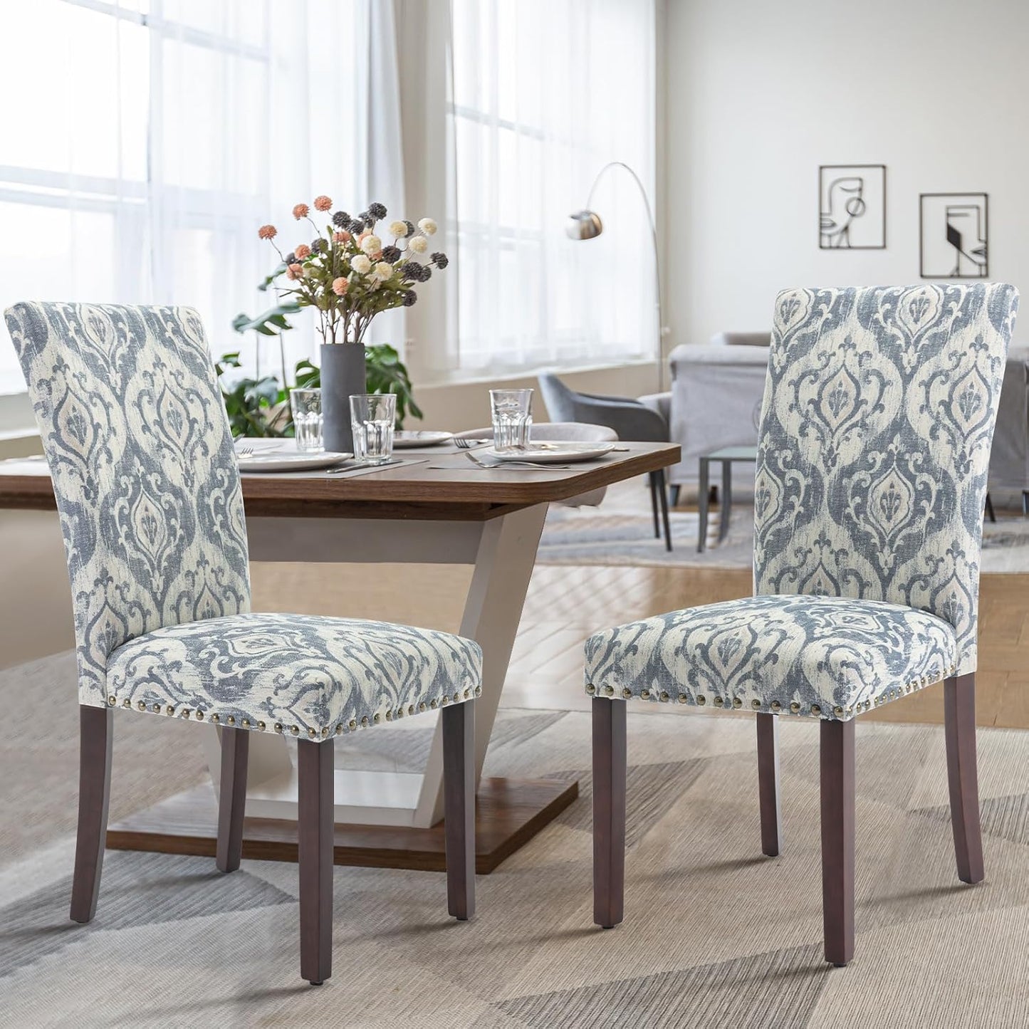 COLAMY Upholstered Parsons Dining Chairs Set of 2, Fabric Dining Room Kitchen Side Chair with Nailhead Trim and Wood Legs - Blue/White Flower