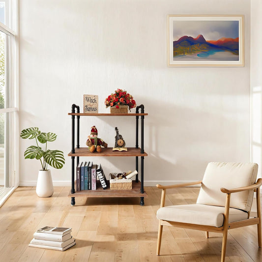 Industrial Bookshelf, 3 Tier Pipe Shelving, Industrial Pipe Shelf - Weathered Brown, 29.5" L x 11.8" W x 39" H