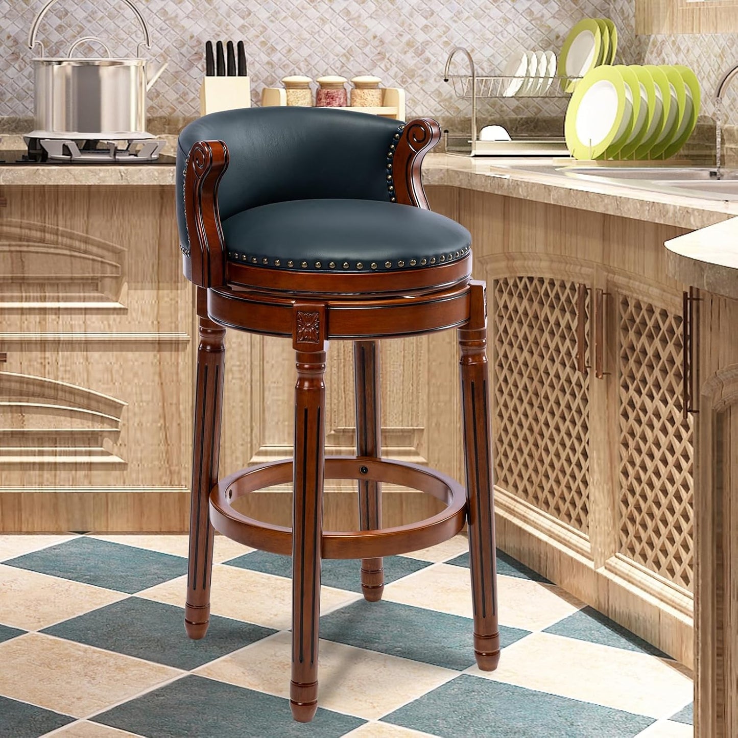 CozyRain Bar Stools Rubber Wood Counter Height Bar Stool Leather Upholstered Swivel Barstools with Back & Footrest for Home,Kitchen,Counter,Dining Room (Navy Blue, Seat Height 29.5 in)